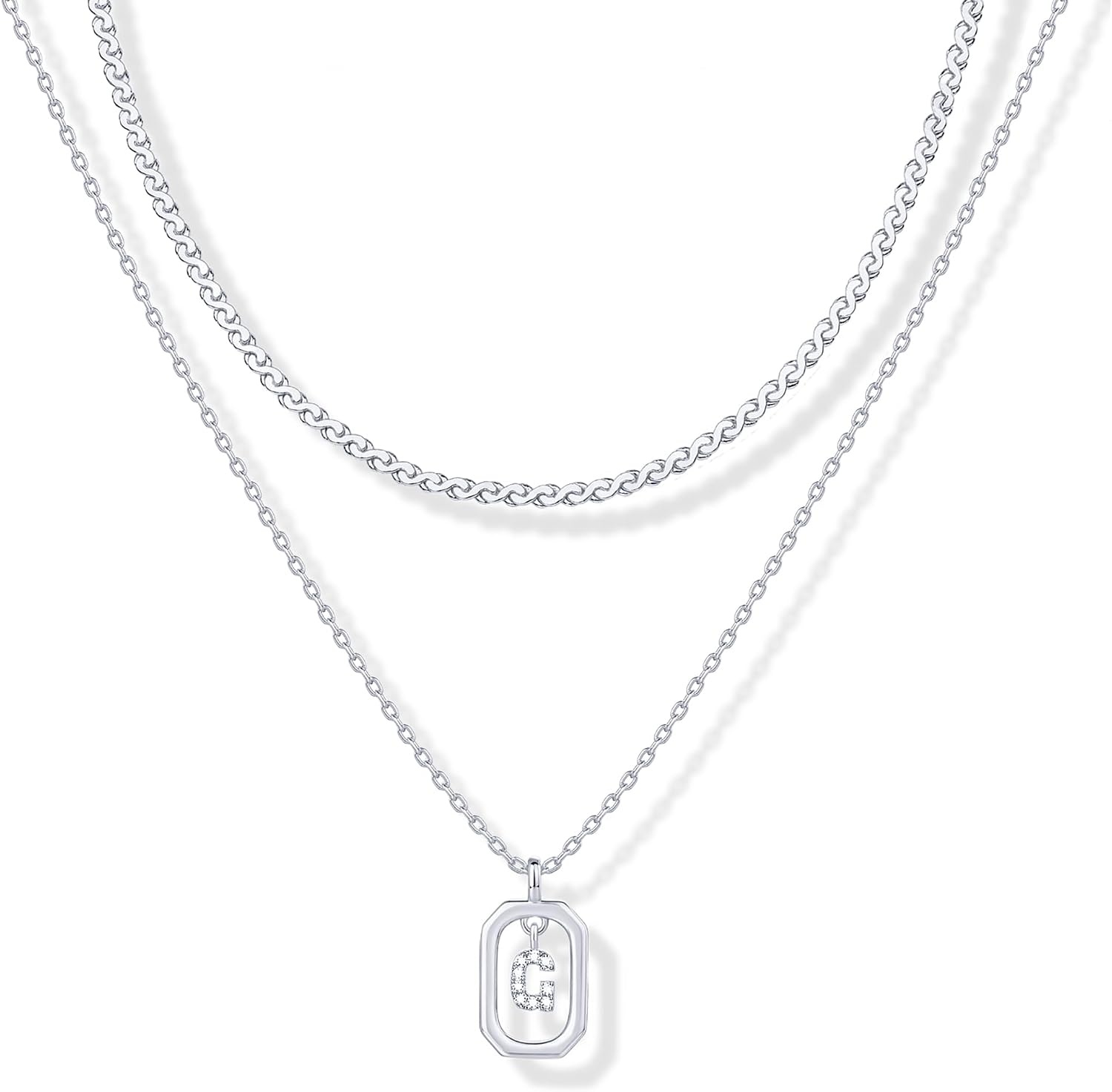 image:imagePAVOI 14K Gold Plated Cubic Zirconia Letter Pendant Layered Necklace Framed Initial Letter Cable Singapore Chains Layering Necklaces for WomenWhite Gold