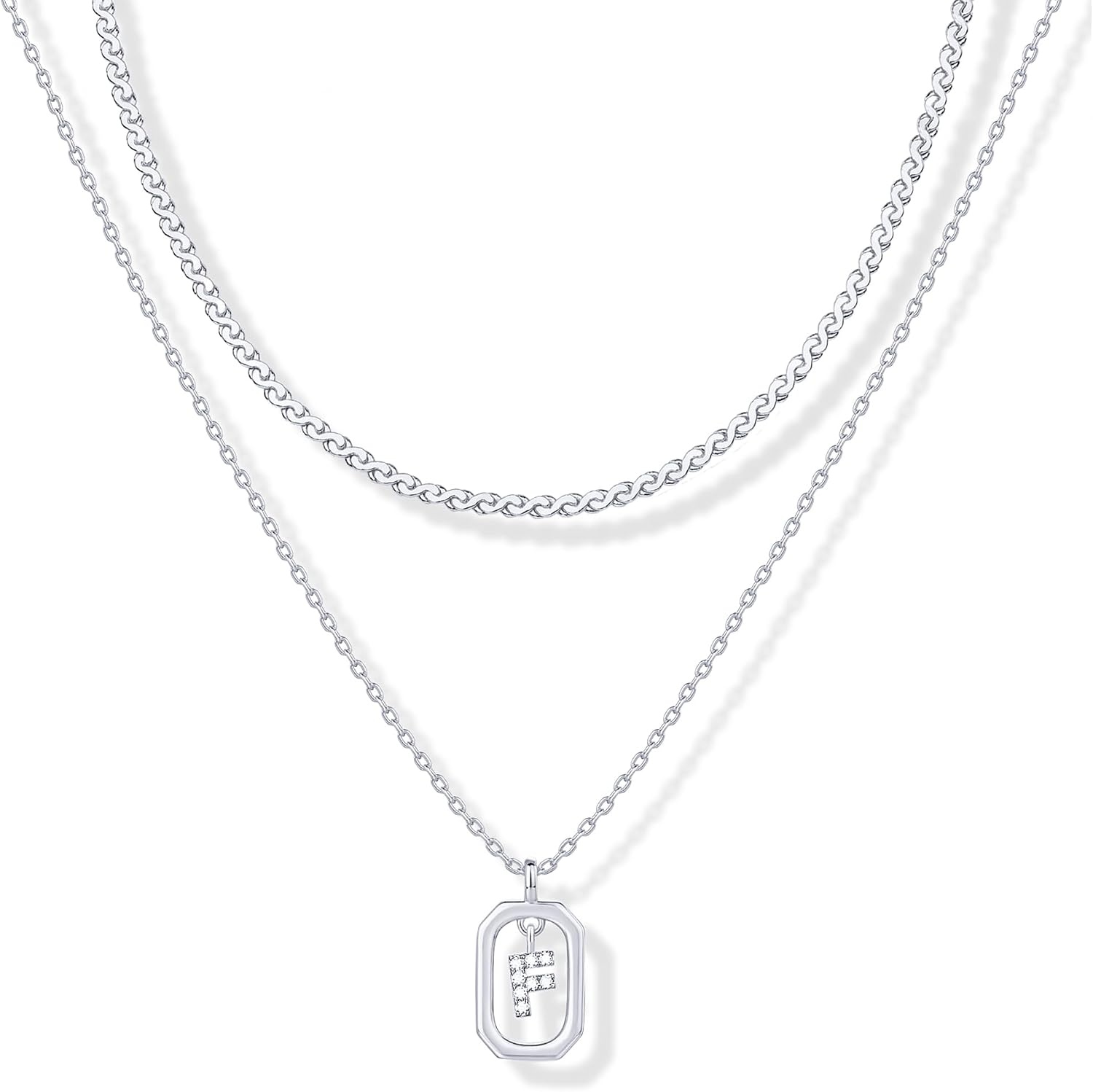 image:imagePAVOI 14K Gold Plated Cubic Zirconia Letter Pendant Layered Necklace Framed Initial Letter Cable Singapore Chains Layering Necklaces for WomenWhite Gold