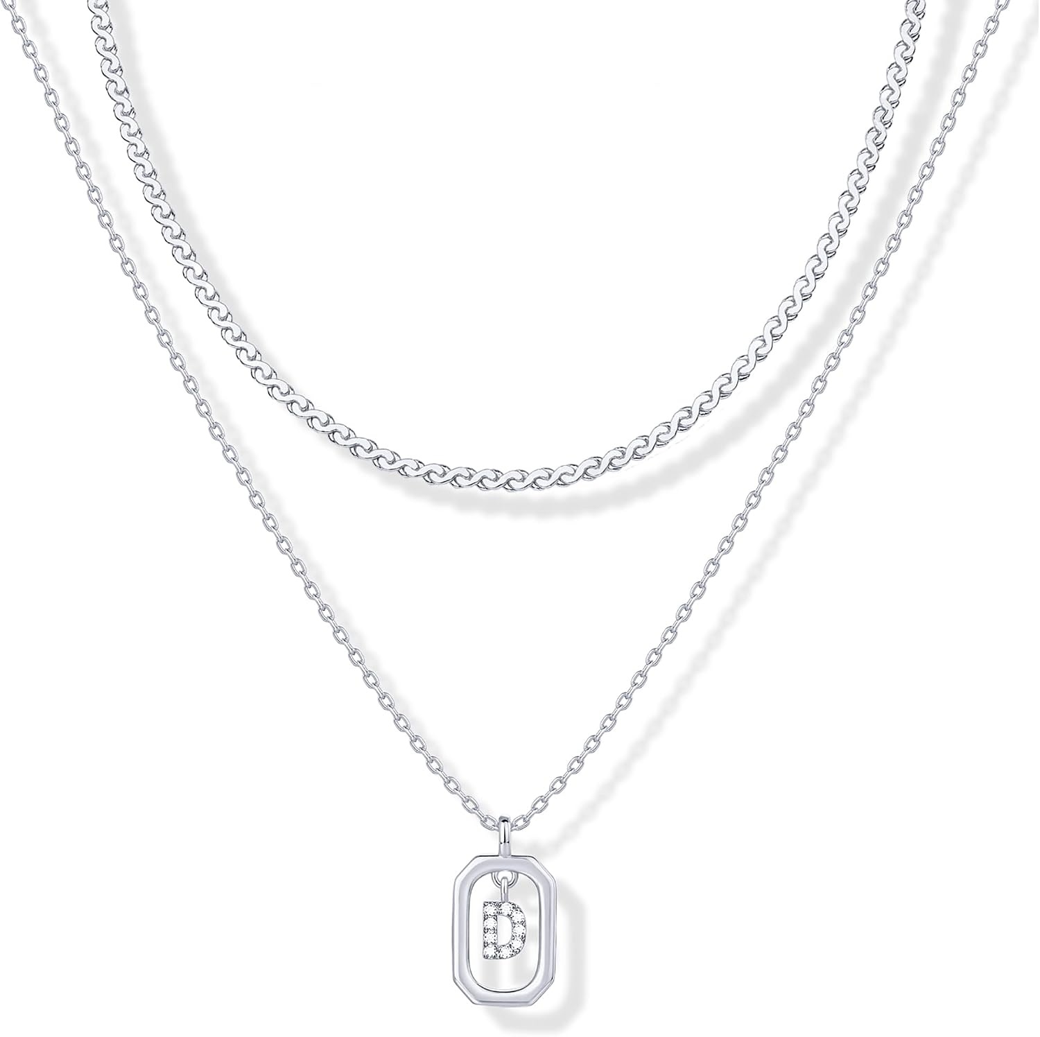 image:imagePAVOI 14K Gold Plated Cubic Zirconia Letter Pendant Layered Necklace Framed Initial Letter Cable Singapore Chains Layering Necklaces for WomenWhite Gold