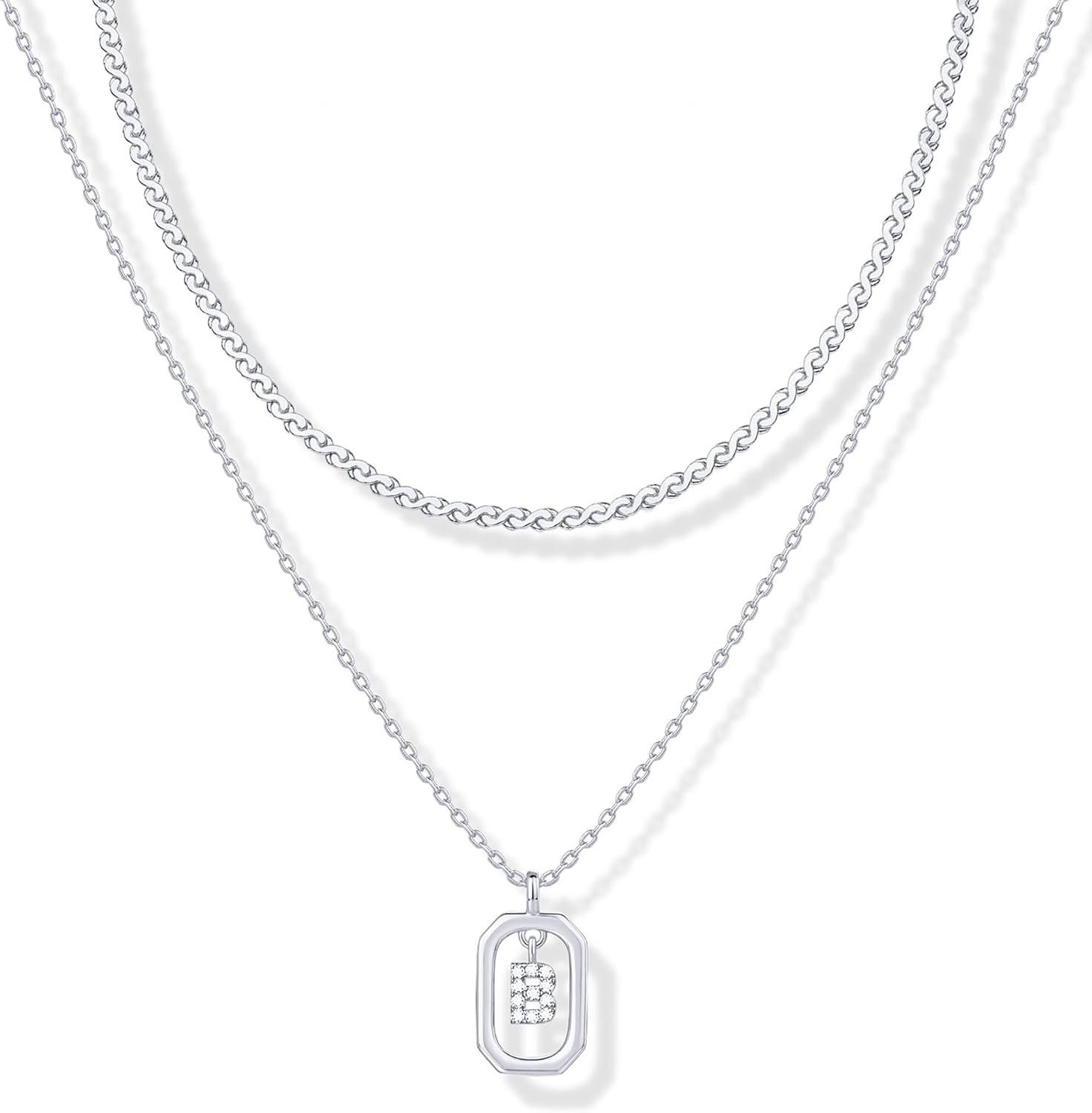 image:imagePAVOI 14K Gold Plated Cubic Zirconia Letter Pendant Layered Necklace Framed Initial Letter Cable Singapore Chains Layering Necklaces for WomenWhite Gold