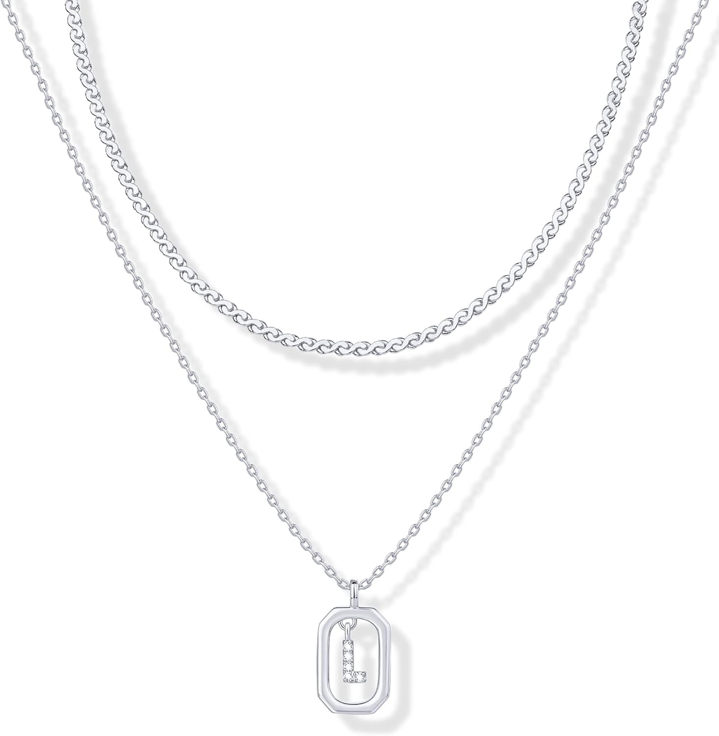 image:imagePAVOI 14K Gold Plated Cubic Zirconia Letter Pendant Layered Necklace Framed Initial Letter Cable Singapore Chains Layering Necklaces for WomenWhite Gold