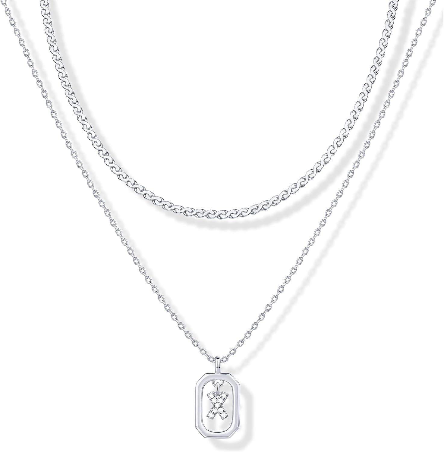 image:imagePAVOI 14K Gold Plated Cubic Zirconia Letter Pendant Layered Necklace Framed Initial Letter Cable Singapore Chains Layering Necklaces for WomenWhite Gold