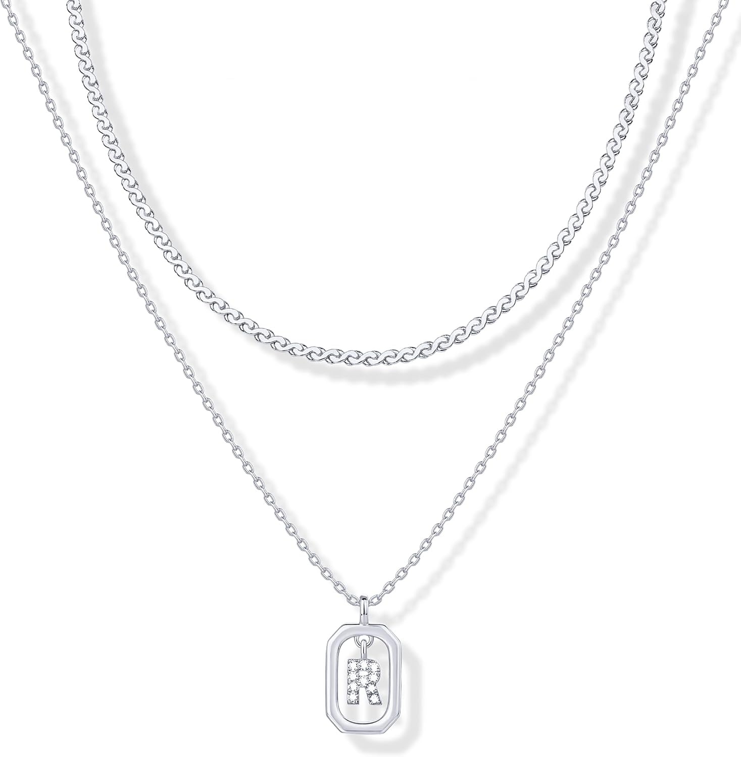 image:imagePAVOI 14K Gold Plated Cubic Zirconia Letter Pendant Layered Necklace Framed Initial Letter Cable Singapore Chains Layering Necklaces for WomenWhite Gold