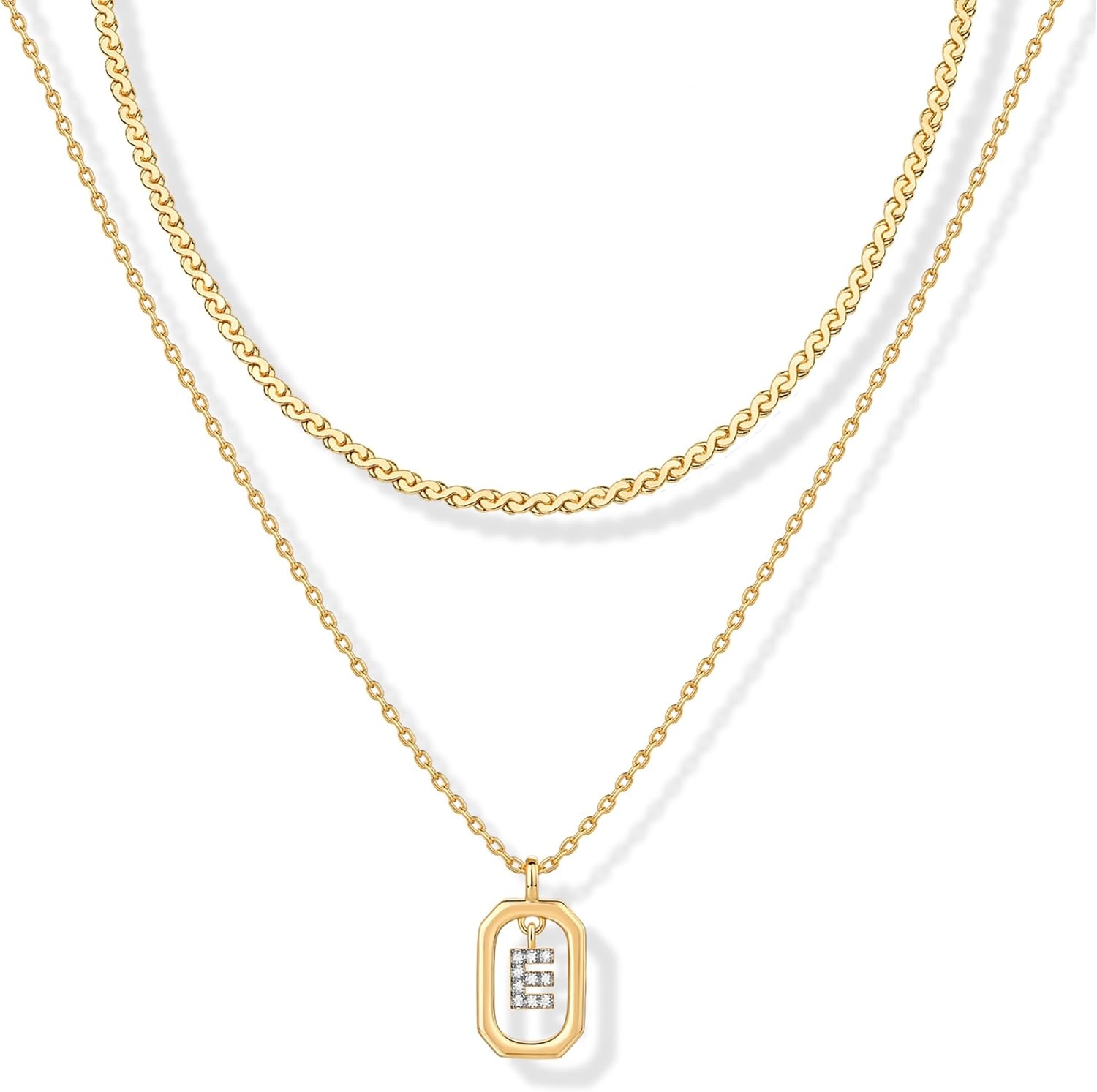 image:imagePAVOI 14K Gold Plated Cubic Zirconia Letter Pendant Layered Necklace Framed Initial Letter Cable Singapore Chains Layering Necklaces for WomenYellow Gold