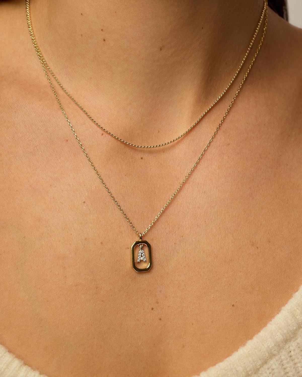 image:imagePAVOI 14K Gold Plated Cubic Zirconia Letter Pendant Layered Necklace Framed Initial Letter Cable Singapore Chains Layering Necklaces for WomenYellow Gold