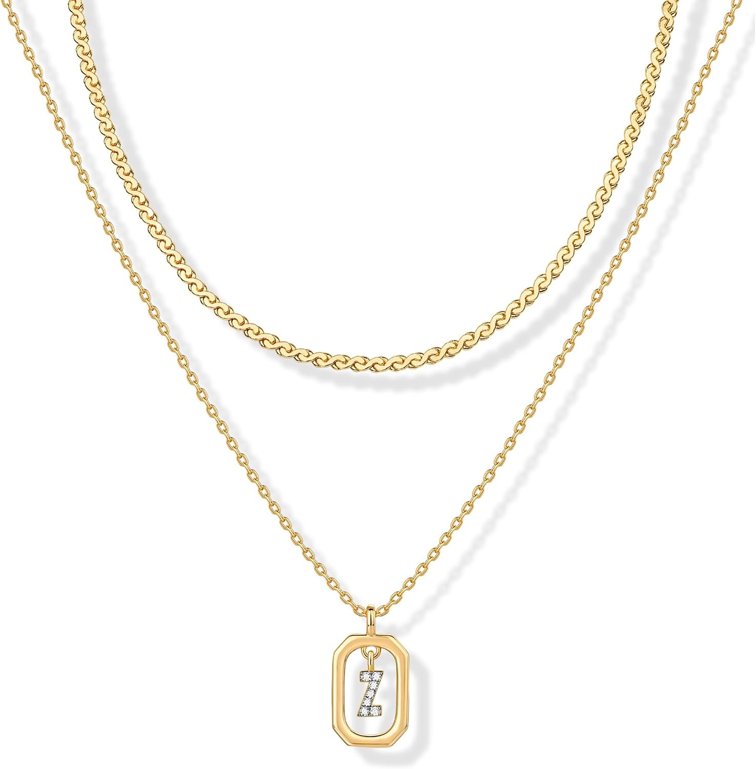 image:imagePAVOI 14K Gold Plated Cubic Zirconia Letter Pendant Layered Necklace Framed Initial Letter Cable Singapore Chains Layering Necklaces for WomenYellow Gold