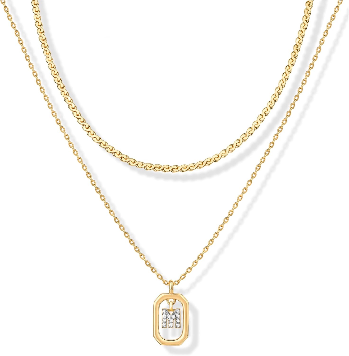 image:imagePAVOI 14K Gold Plated Cubic Zirconia Letter Pendant Layered Necklace Framed Initial Letter Cable Singapore Chains Layering Necklaces for WomenYellow Gold