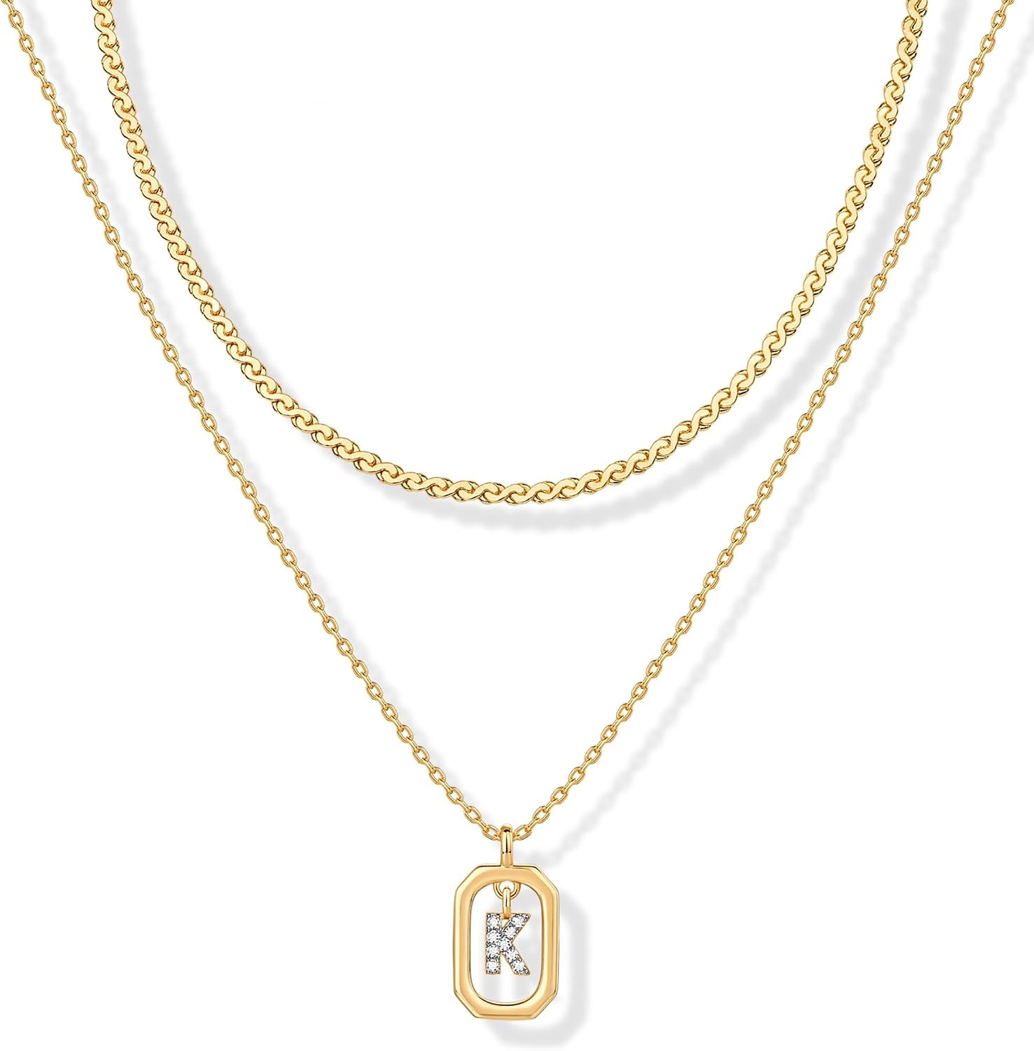 image:imagePAVOI 14K Gold Plated Cubic Zirconia Letter Pendant Layered Necklace Framed Initial Letter Cable Singapore Chains Layering Necklaces for WomenYellow Gold