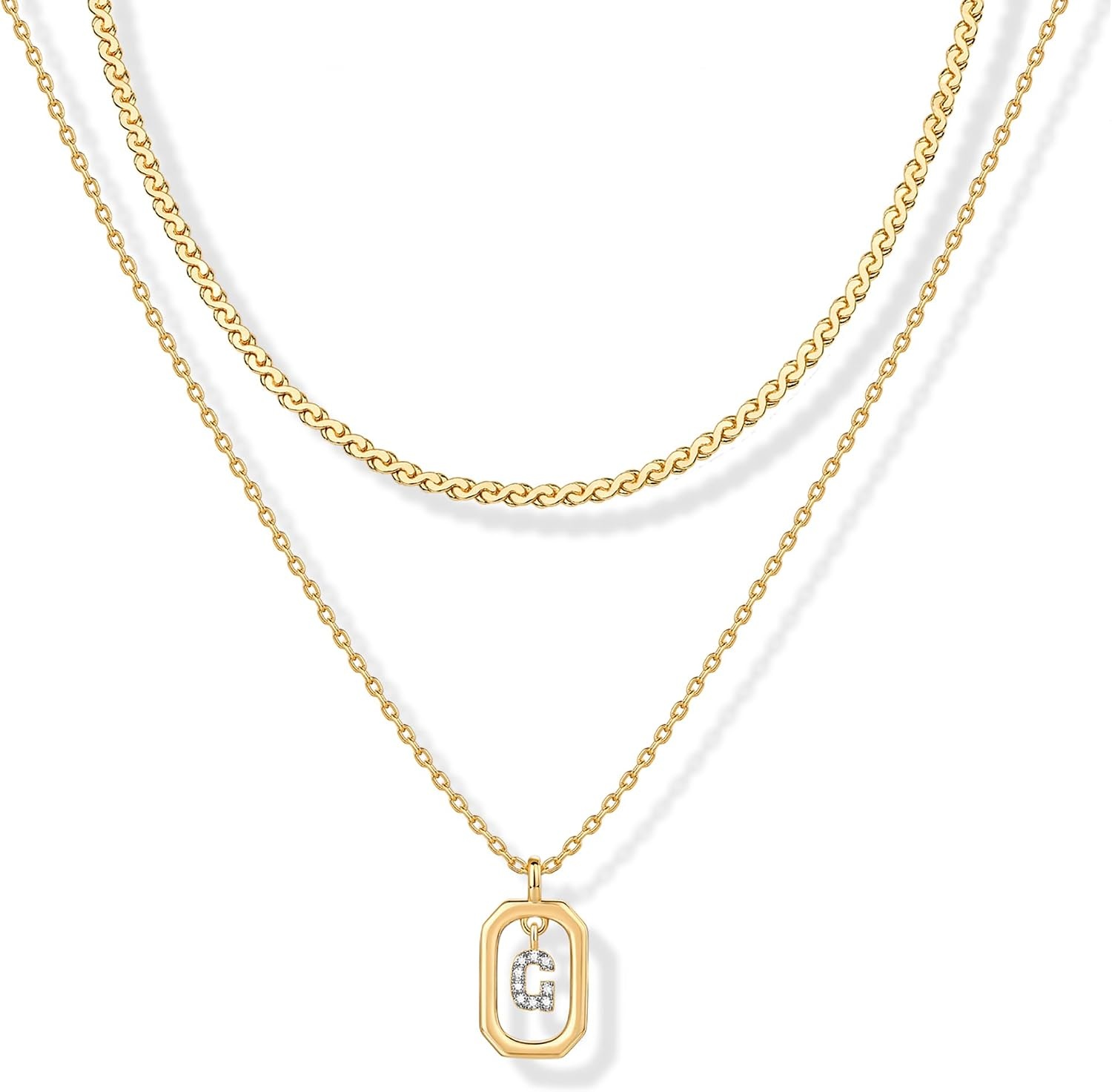 image:imagePAVOI 14K Gold Plated Cubic Zirconia Letter Pendant Layered Necklace Framed Initial Letter Cable Singapore Chains Layering Necklaces for WomenYellow Gold