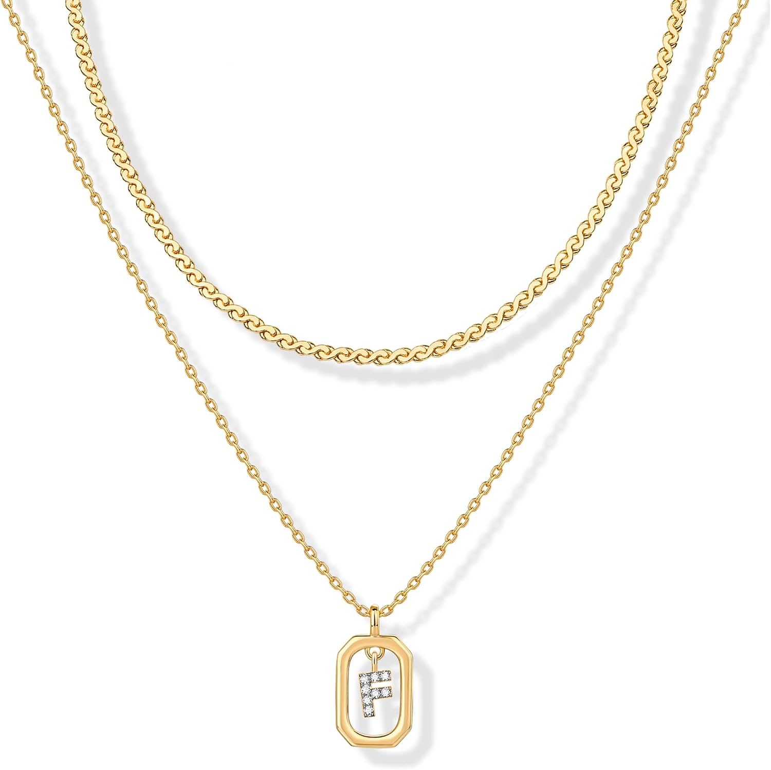 image:imagePAVOI 14K Gold Plated Cubic Zirconia Letter Pendant Layered Necklace Framed Initial Letter Cable Singapore Chains Layering Necklaces for WomenYellow Gold