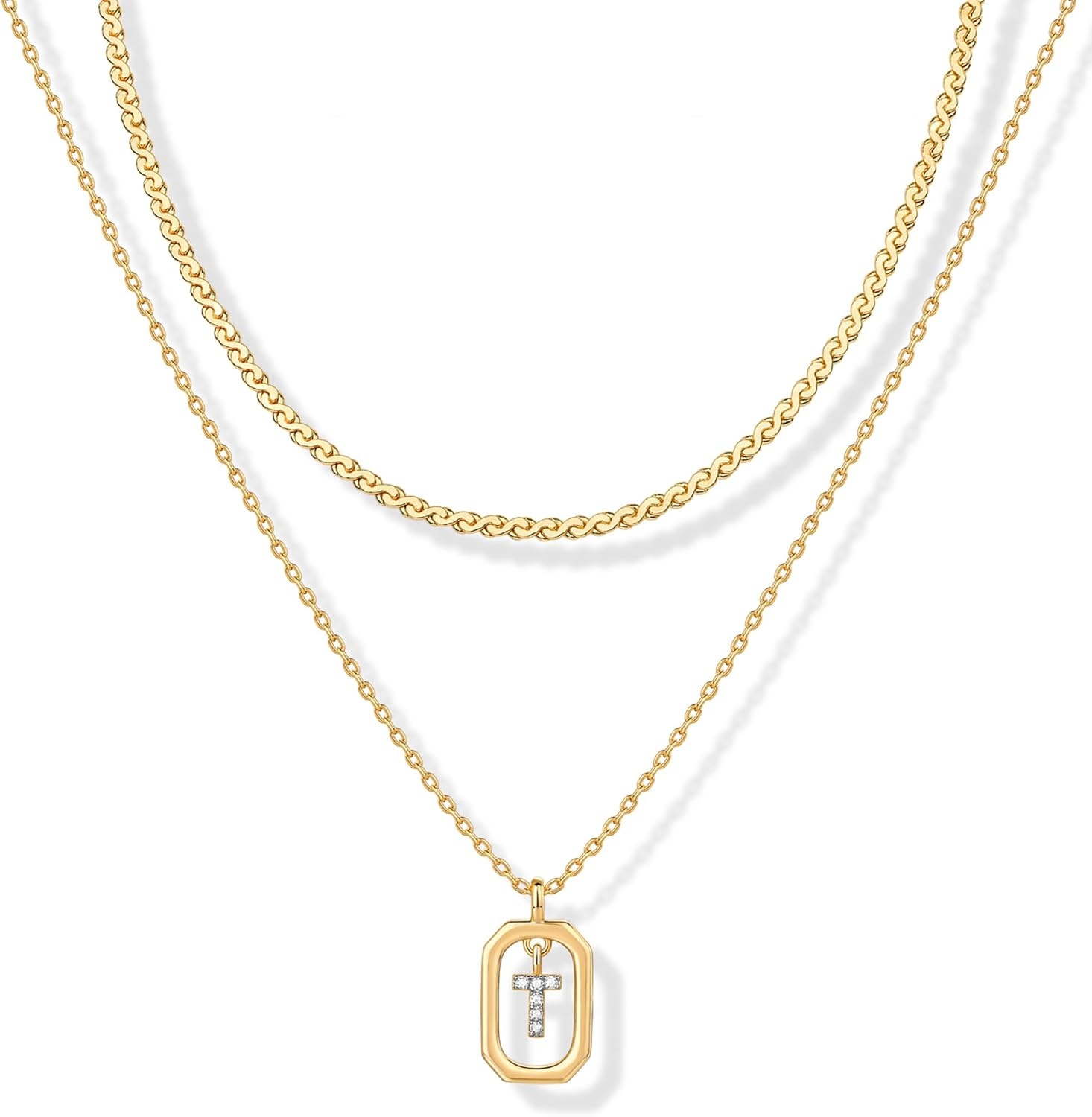 image:imagePAVOI 14K Gold Plated Cubic Zirconia Letter Pendant Layered Necklace Framed Initial Letter Cable Singapore Chains Layering Necklaces for WomenYellow Gold