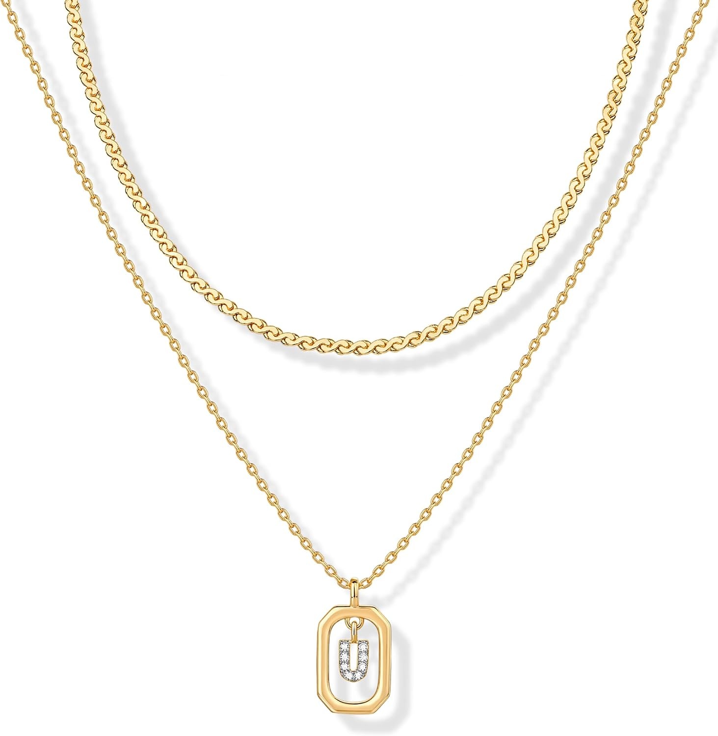 image:imagePAVOI 14K Gold Plated Cubic Zirconia Letter Pendant Layered Necklace Framed Initial Letter Cable Singapore Chains Layering Necklaces for WomenYellow Gold