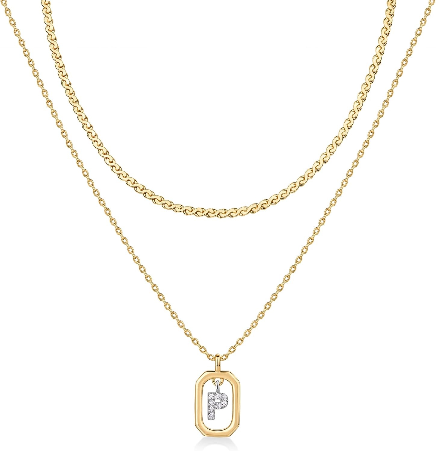 image:imagePAVOI 14K Gold Plated Cubic Zirconia Letter Pendant Layered Necklace Framed Initial Letter Cable Singapore Chains Layering Necklaces for WomenYellow Gold