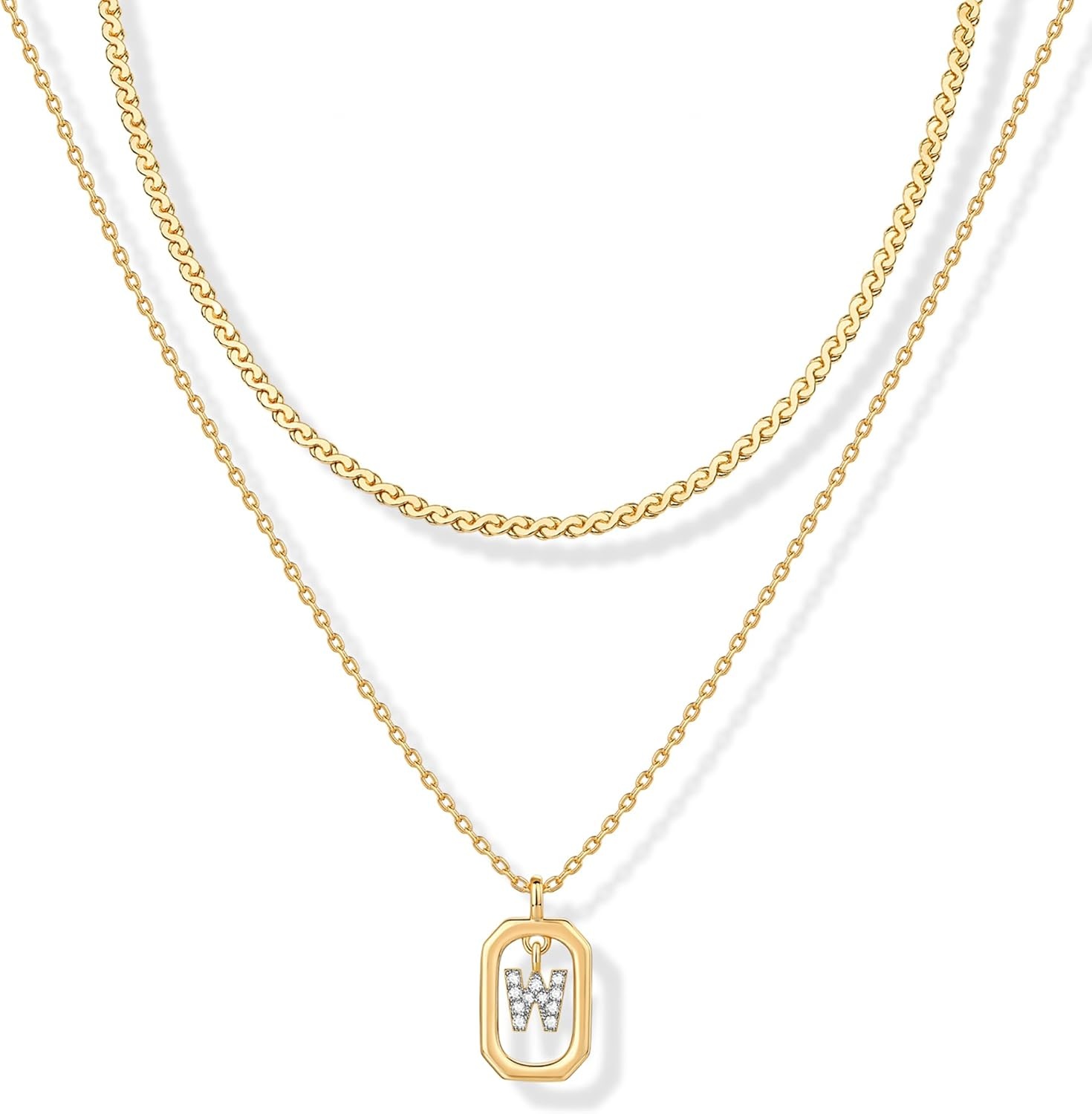 image:imagePAVOI 14K Gold Plated Cubic Zirconia Letter Pendant Layered Necklace Framed Initial Letter Cable Singapore Chains Layering Necklaces for WomenYellow Gold