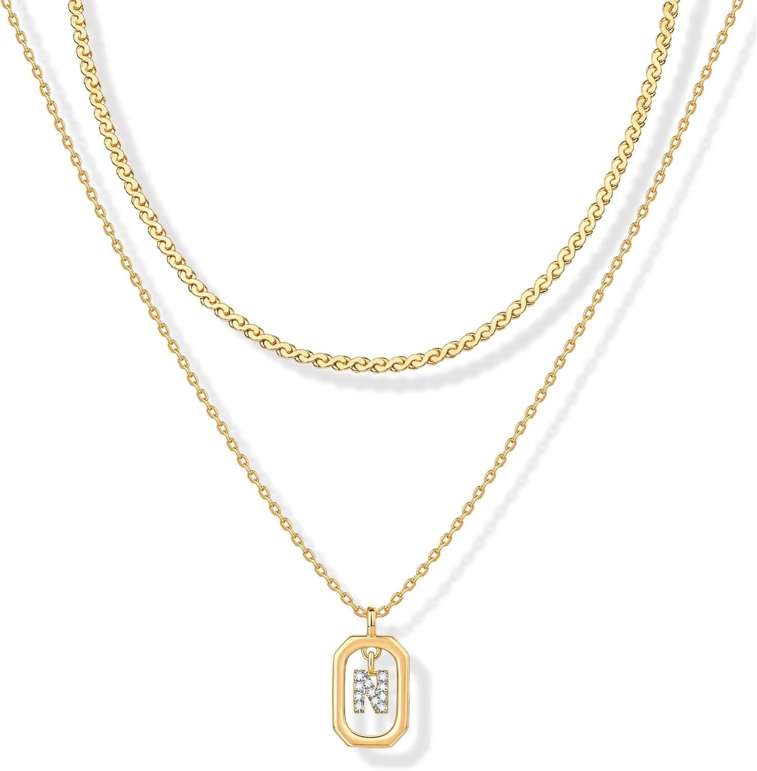 image:imagePAVOI 14K Gold Plated Cubic Zirconia Letter Pendant Layered Necklace Framed Initial Letter Cable Singapore Chains Layering Necklaces for WomenYellow Gold