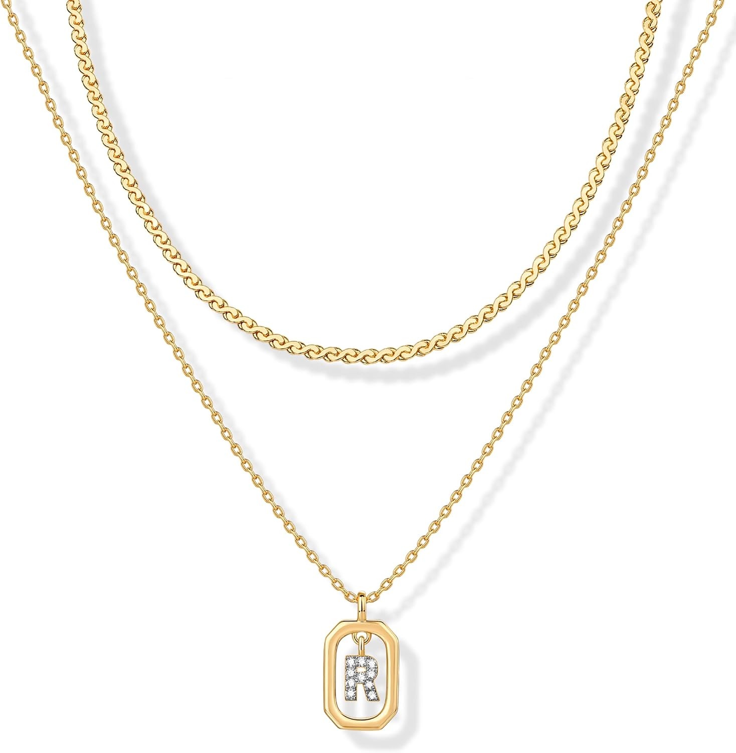 image:imagePAVOI 14K Gold Plated Cubic Zirconia Letter Pendant Layered Necklace Framed Initial Letter Cable Singapore Chains Layering Necklaces for WomenYellow Gold