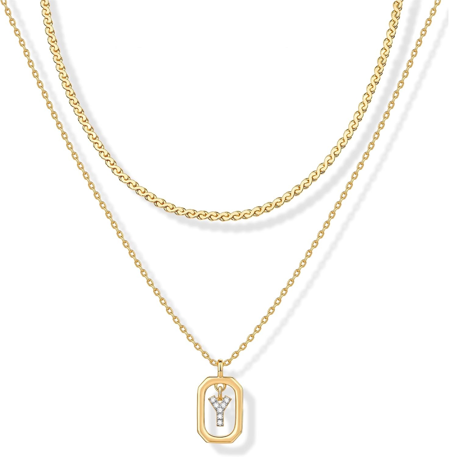 image:imagePAVOI 14K Gold Plated Cubic Zirconia Letter Pendant Layered Necklace Framed Initial Letter Cable Singapore Chains Layering Necklaces for WomenYellow Gold