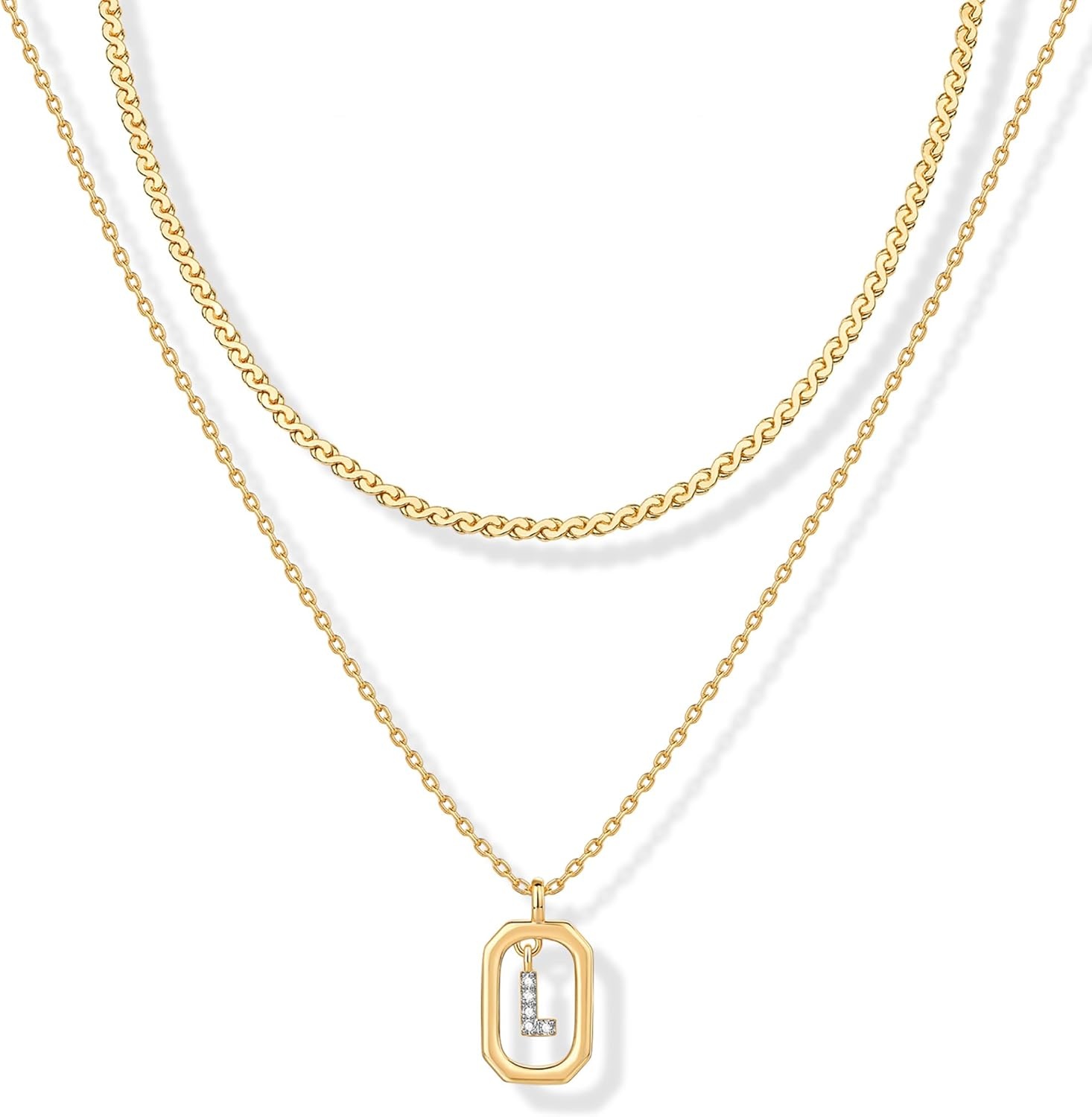 image:imagePAVOI 14K Gold Plated Cubic Zirconia Letter Pendant Layered Necklace Framed Initial Letter Cable Singapore Chains Layering Necklaces for WomenYellow Gold