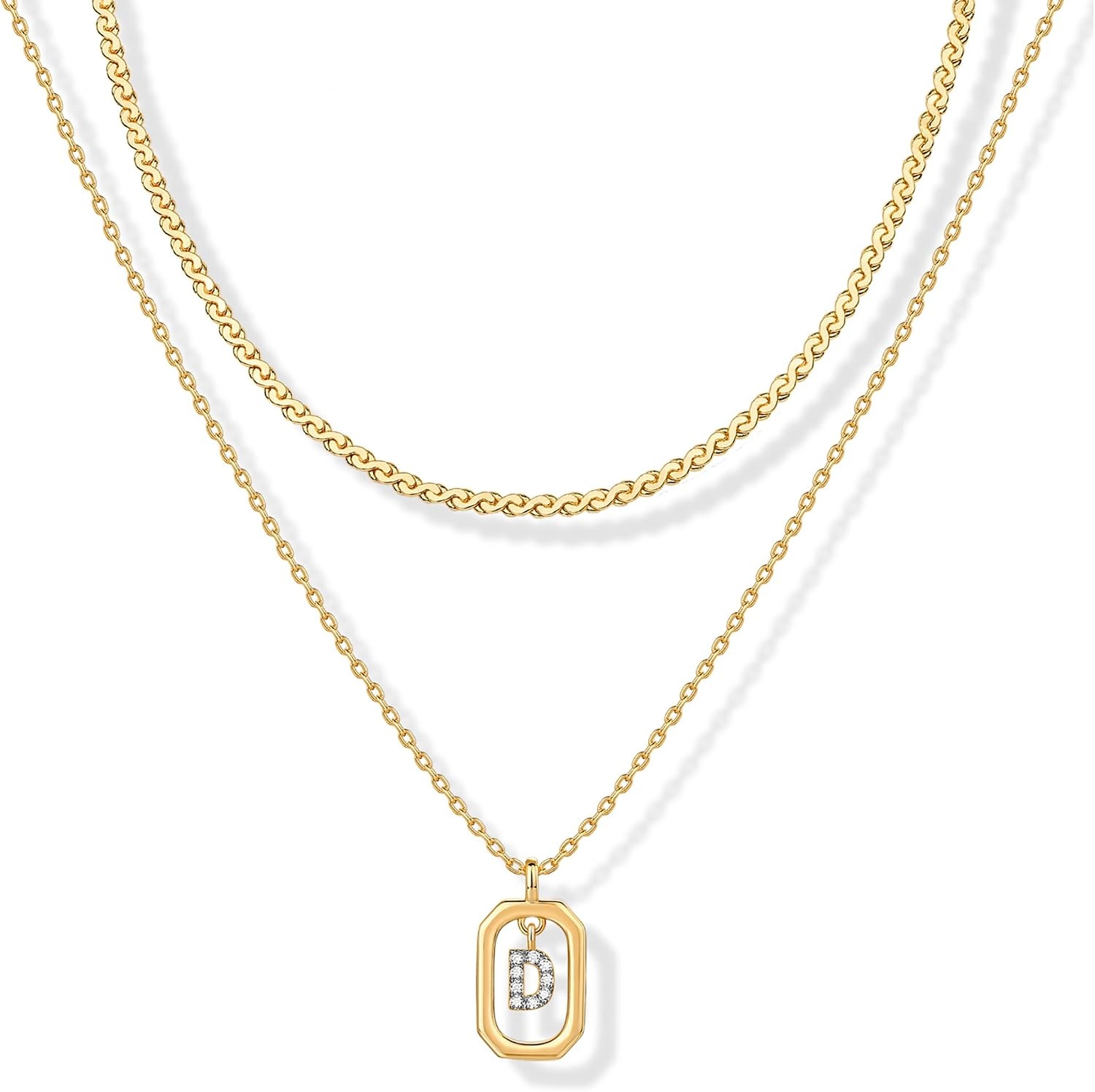 image:imagePAVOI 14K Gold Plated Cubic Zirconia Letter Pendant Layered Necklace Framed Initial Letter Cable Singapore Chains Layering Necklaces for WomenYellow Gold