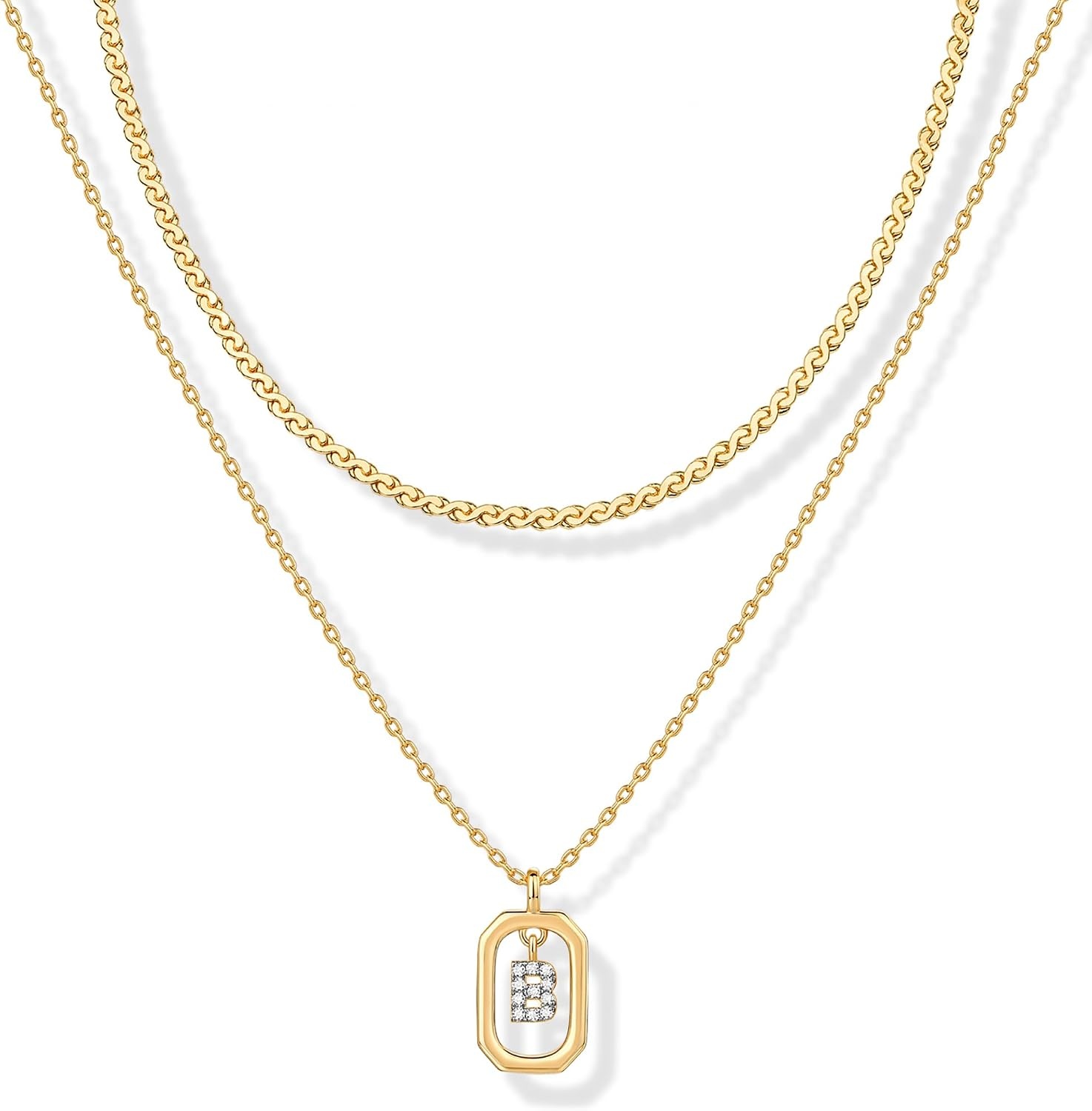 image:imagePAVOI 14K Gold Plated Cubic Zirconia Letter Pendant Layered Necklace Framed Initial Letter Cable Singapore Chains Layering Necklaces for WomenYellow Gold