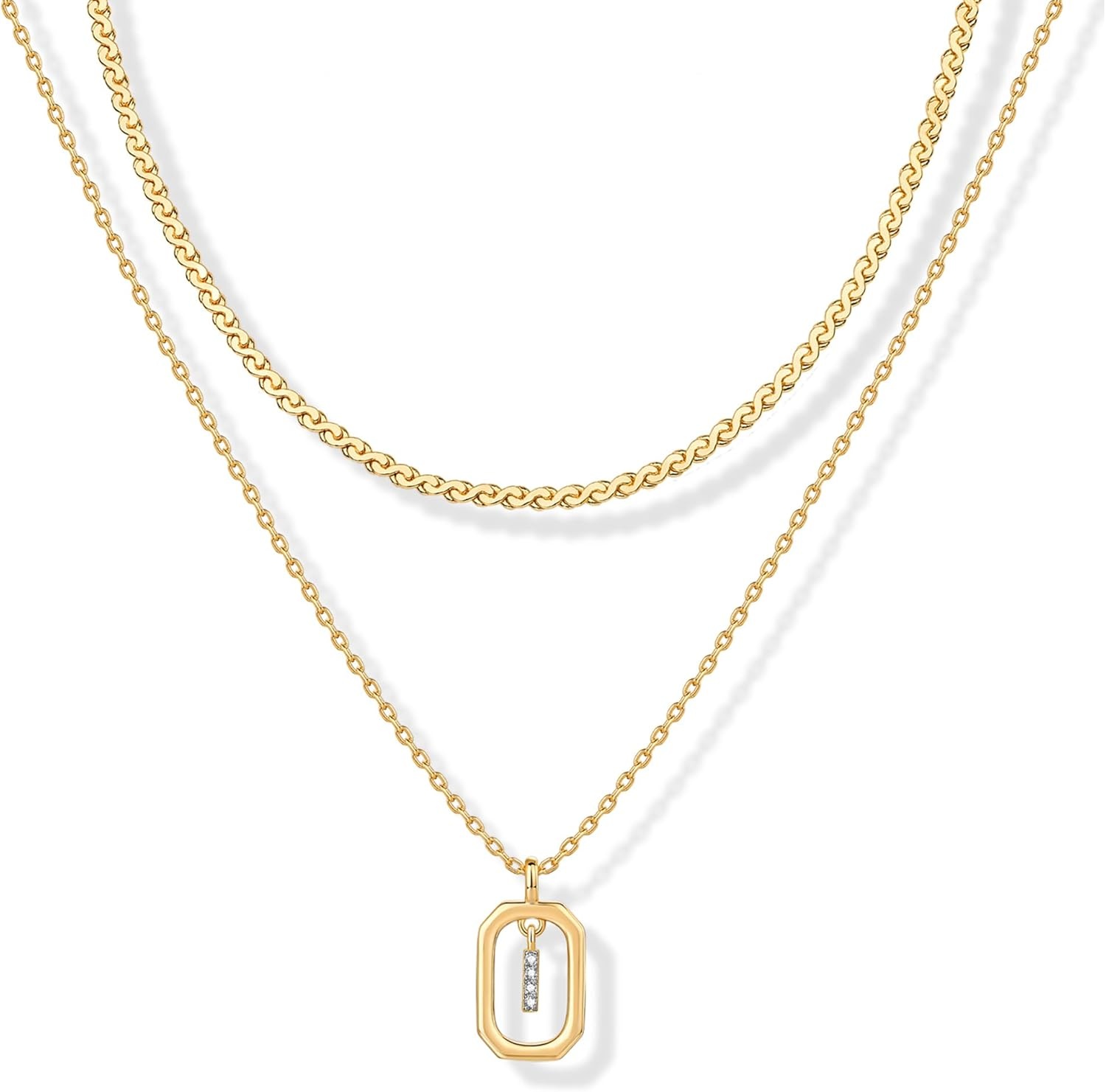 image:imagePAVOI 14K Gold Plated Cubic Zirconia Letter Pendant Layered Necklace Framed Initial Letter Cable Singapore Chains Layering Necklaces for WomenYellow Gold