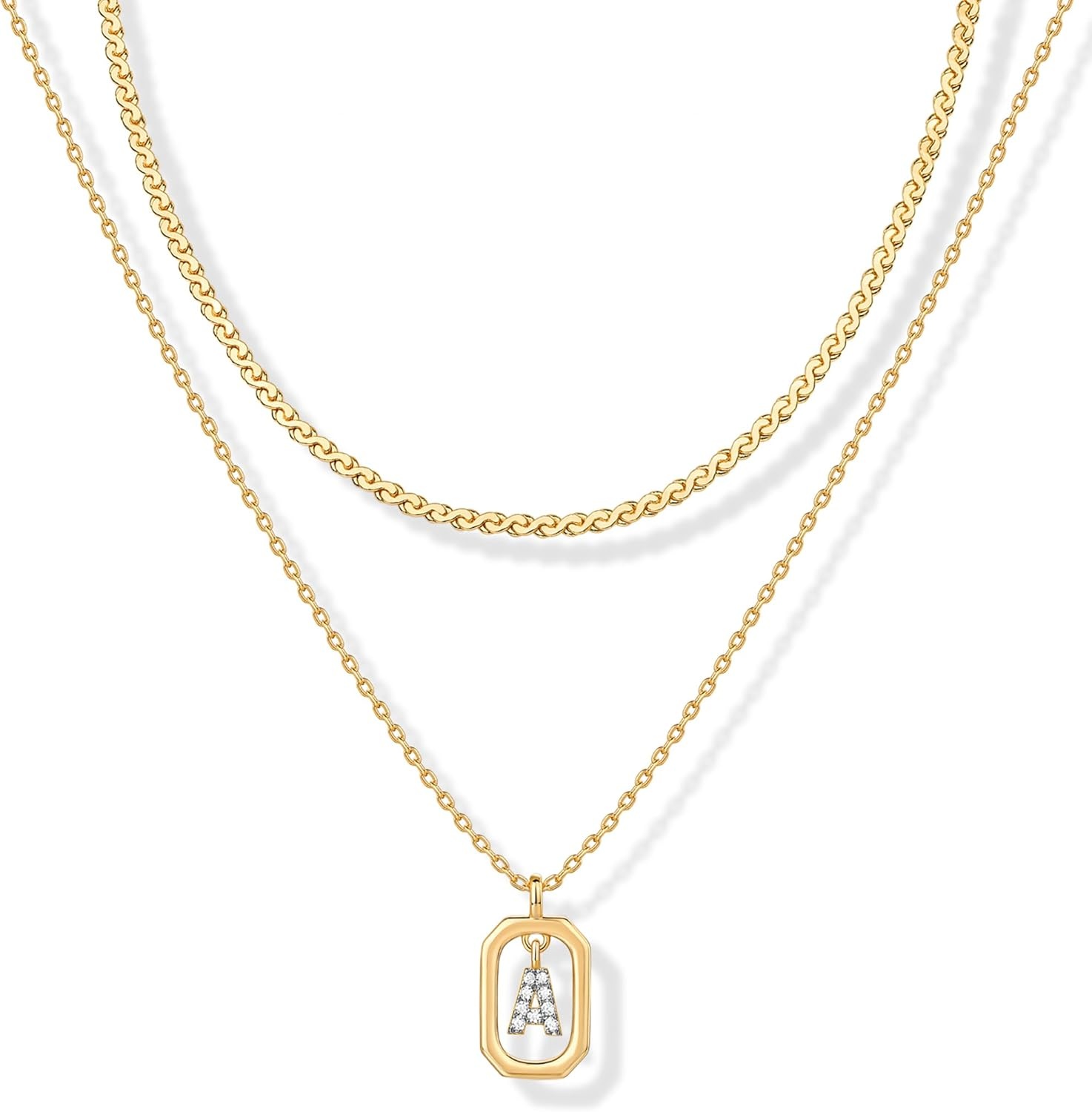 image:imagePAVOI 14K Gold Plated Cubic Zirconia Letter Pendant Layered Necklace Framed Initial Letter Cable Singapore Chains Layering Necklaces for WomenYellow Gold