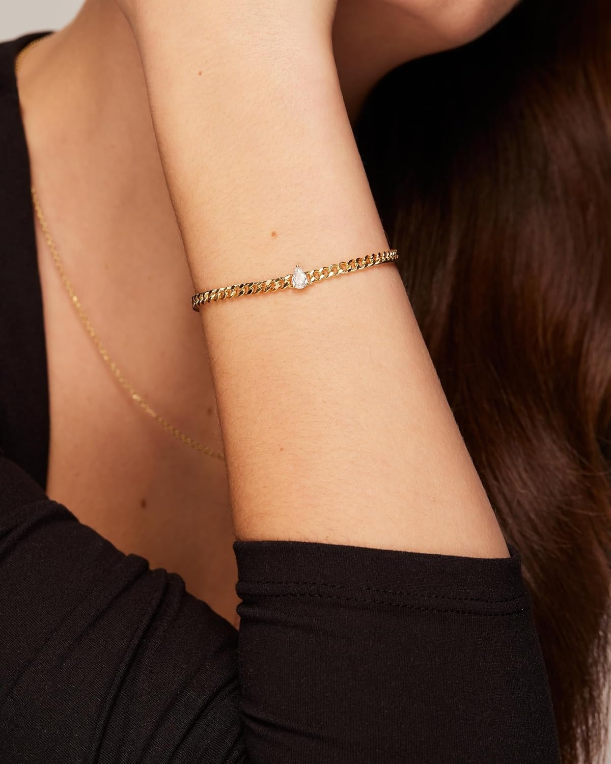 image:imagePAVOI 14K Gold Plated Cubic Zirconia Solitaire Diamond Bracelet Bridesmaid Bracelets Curb Cable Bracelets for WomenChunky Yellow Gold