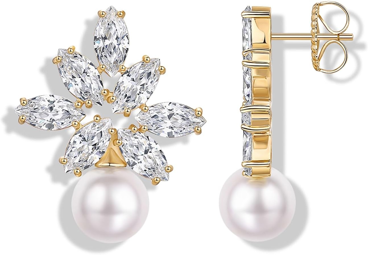 image:imagePAVOI 14K Gold Plated Cubic Zirconia Stud Earrings for Women 925 Sterling Silver Posts Statement Crystal Cluster Wedding Earrings for Brides amp Bridesmaids Trendy CZ Pearl Studs Wedding JewelryYellow Gold