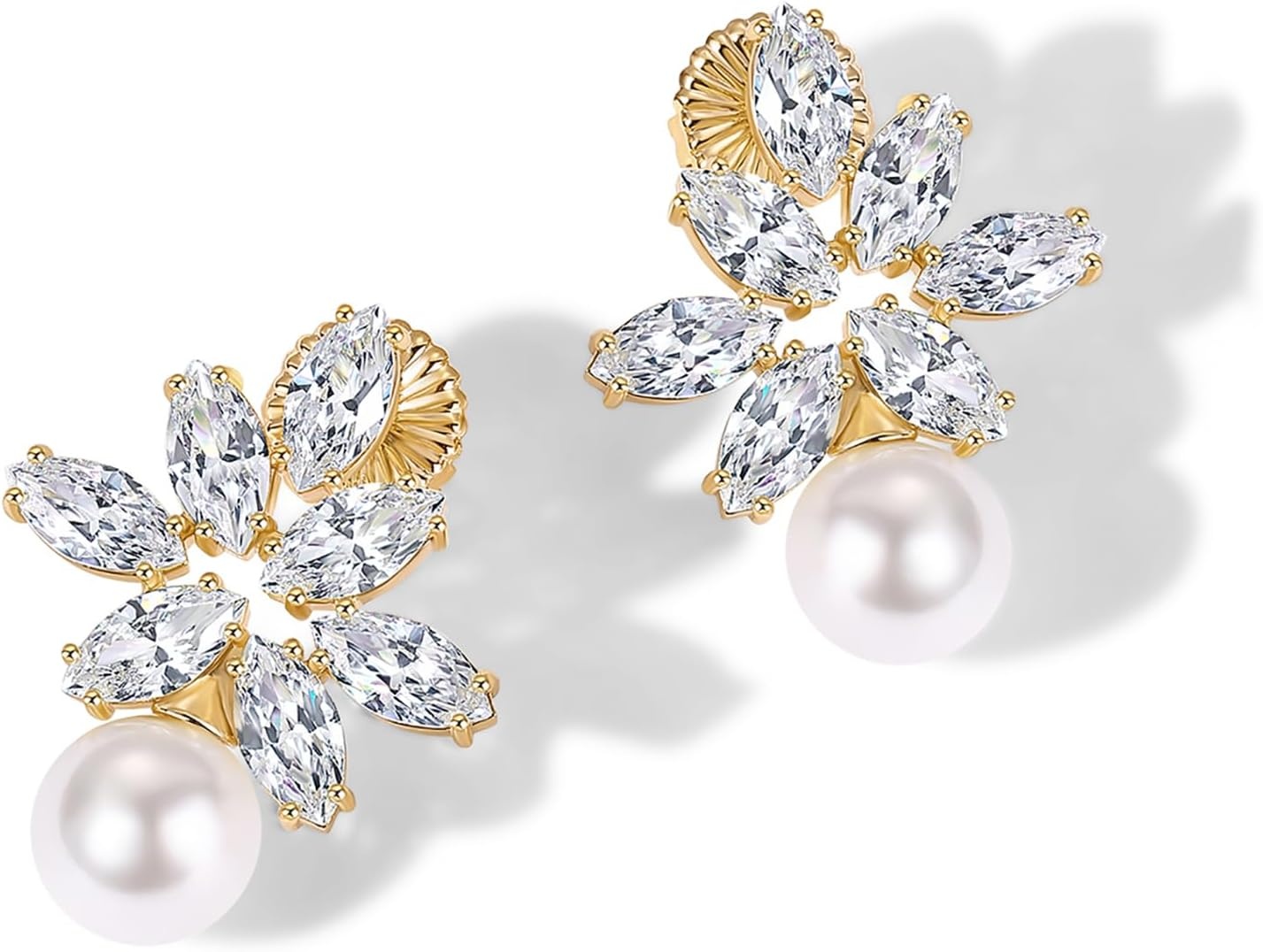 image:imagePAVOI 14K Gold Plated Cubic Zirconia Stud Earrings for Women 925 Sterling Silver Posts Statement Crystal Cluster Wedding Earrings for Brides amp Bridesmaids Trendy CZ Pearl Studs Wedding JewelryYellow Gold