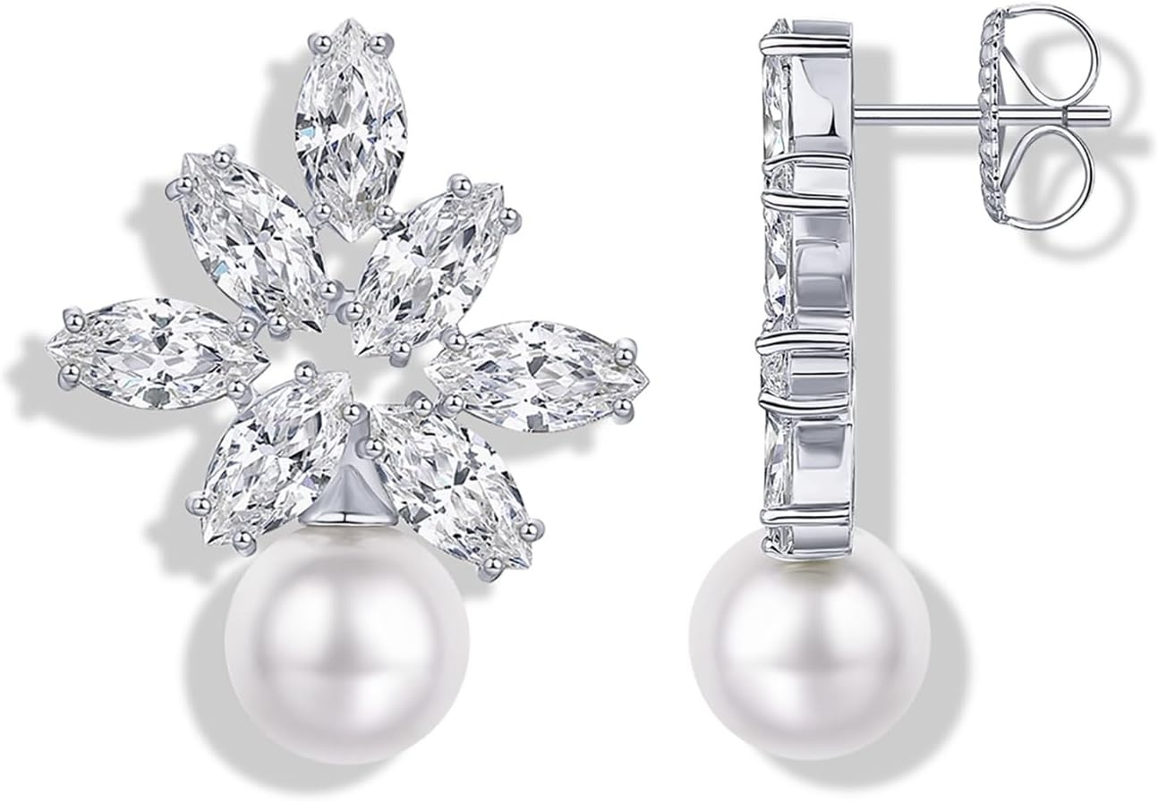 image:imagePAVOI 14K Gold Plated Cubic Zirconia Stud Earrings for Women 925 Sterling Silver Posts Statement Crystal Cluster Wedding Earrings for Brides amp Bridesmaids Trendy CZ Pearl Studs Wedding JewelryWhite Gold