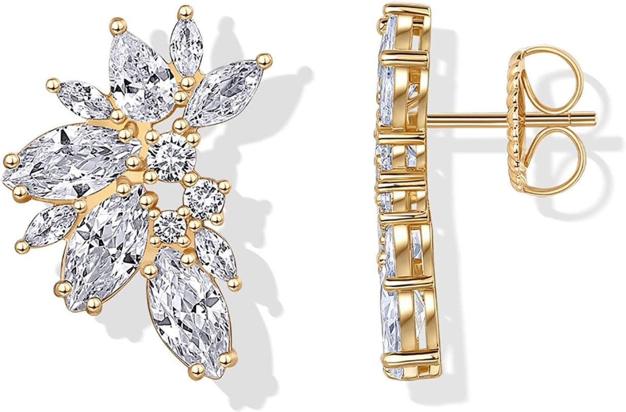 image:imagePAVOI 14K Gold Plated Cubic Zirconia Stud Earrings for Women 925 Sterling Silver Posts Statement Crystal Cluster Wedding Earrings for Brides amp Bridesmaids Trendy CZ Pearl Studs Wedding JewelryYellow Gold