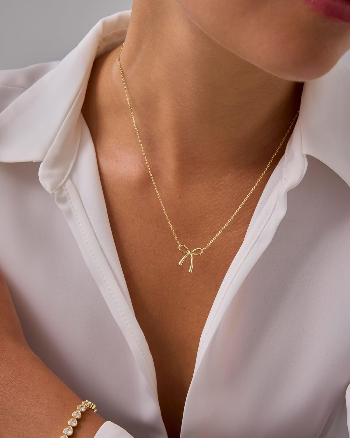 image:imagePAVOI 14K Gold Plated Dainty Cubic Zirconia Pendant Necklace for Women Dot Elephant Butterfly Pineapple Lock Knot Palm Tree Bow Smiley Pendant Layering Chain NecklacesYellow Gold