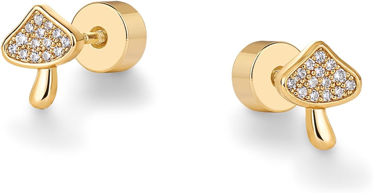 image:imagePAVOI 14K Gold Plated Dainty Flat Back Earrings for Women Hypoallergenic Sterling Silver Posts Helix Cartilage Piercing Jewelry Emoji Motif Bow Celestial Flatback Gold Stud Earrings Screw BackMushroom