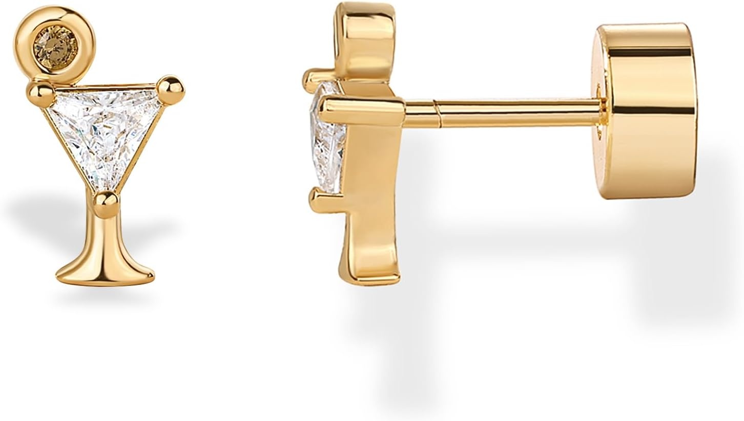 image:imagePAVOI 14K Gold Plated Dainty Flat Back Earrings for Women Hypoallergenic Sterling Silver Posts Helix Cartilage Piercing Jewelry Emoji Motif Bow Celestial Flatback Gold Stud Earrings Screw BackMartini