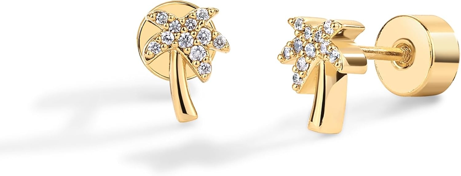 image:imagePAVOI 14K Gold Plated Dainty Flat Back Earrings for Women Hypoallergenic Sterling Silver Posts Helix Cartilage Piercing Jewelry Emoji Motif Bow Celestial Flatback Gold Stud Earrings Screw BackPalm Tree