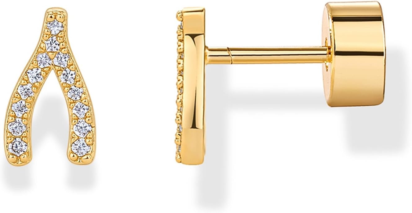 image:imagePAVOI 14K Gold Plated Dainty Flat Back Earrings for Women Hypoallergenic Sterling Silver Posts Helix Cartilage Piercing Jewelry Emoji Motif Bow Celestial Flatback Gold Stud Earrings Screw BackWishbone