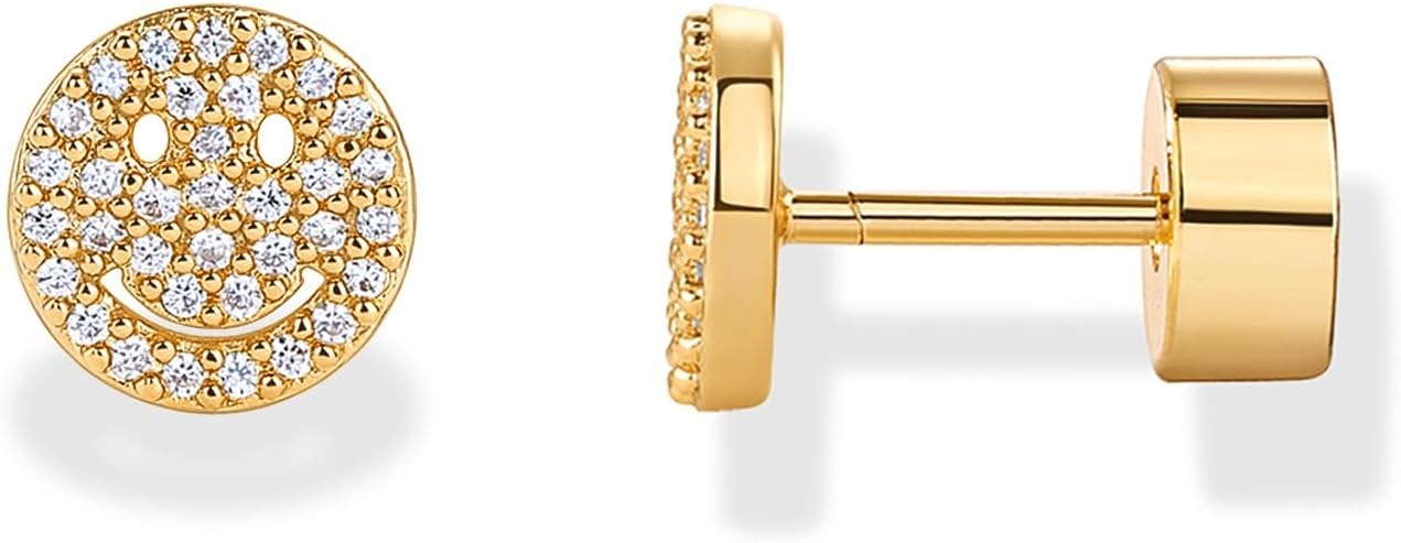 image:imagePAVOI 14K Gold Plated Dainty Flat Back Earrings for Women Hypoallergenic Sterling Silver Posts Helix Cartilage Piercing Jewelry Emoji Motif Bow Celestial Flatback Gold Stud Earrings Screw BackSmiley