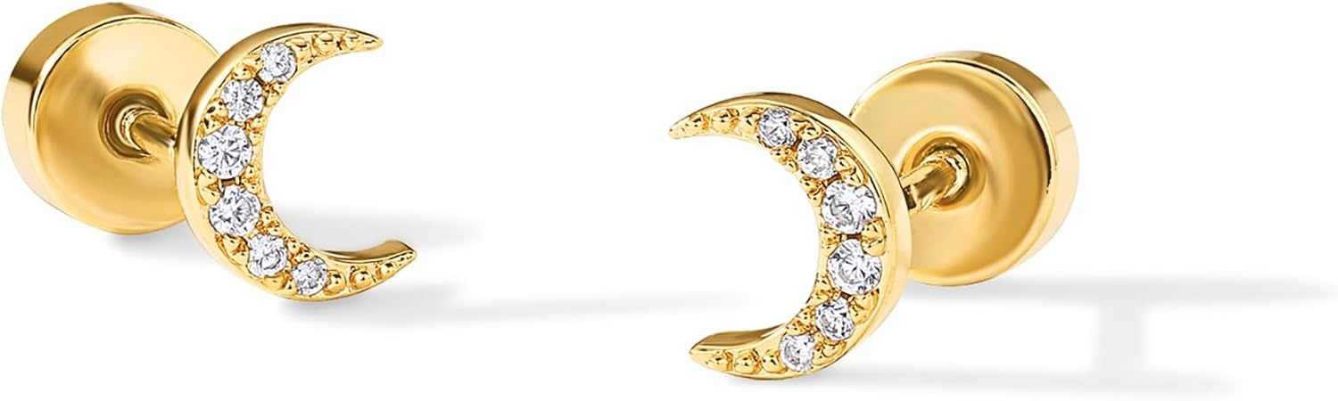 image:imagePAVOI 14K Gold Plated Dainty Flat Back Earrings for Women Hypoallergenic Sterling Silver Posts Helix Cartilage Piercing Jewelry Emoji Motif Bow Celestial Flatback Gold Stud Earrings Screw BackMoon