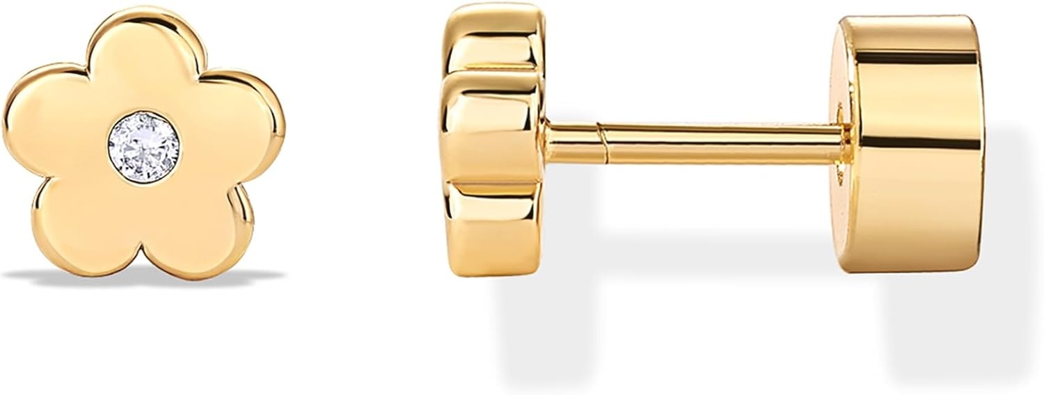 image:imagePAVOI 14K Gold Plated Dainty Flat Back Earrings for Women Hypoallergenic Sterling Silver Posts Helix Cartilage Piercing Jewelry Emoji Motif Bow Celestial Flatback Gold Stud Earrings Screw BackFlower