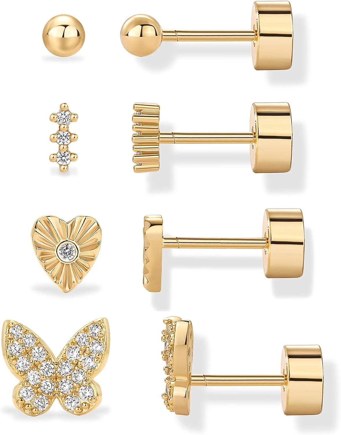 image:imagePAVOI 14K Gold Plated Dainty Flat Back Earrings for Women Hypoallergenic Sterling Silver Posts Helix Cartilage Piercing Jewelry Emoji Motif Bow Celestial Flatback Gold Stud Earrings Screw BackButterfly 4Pair Set