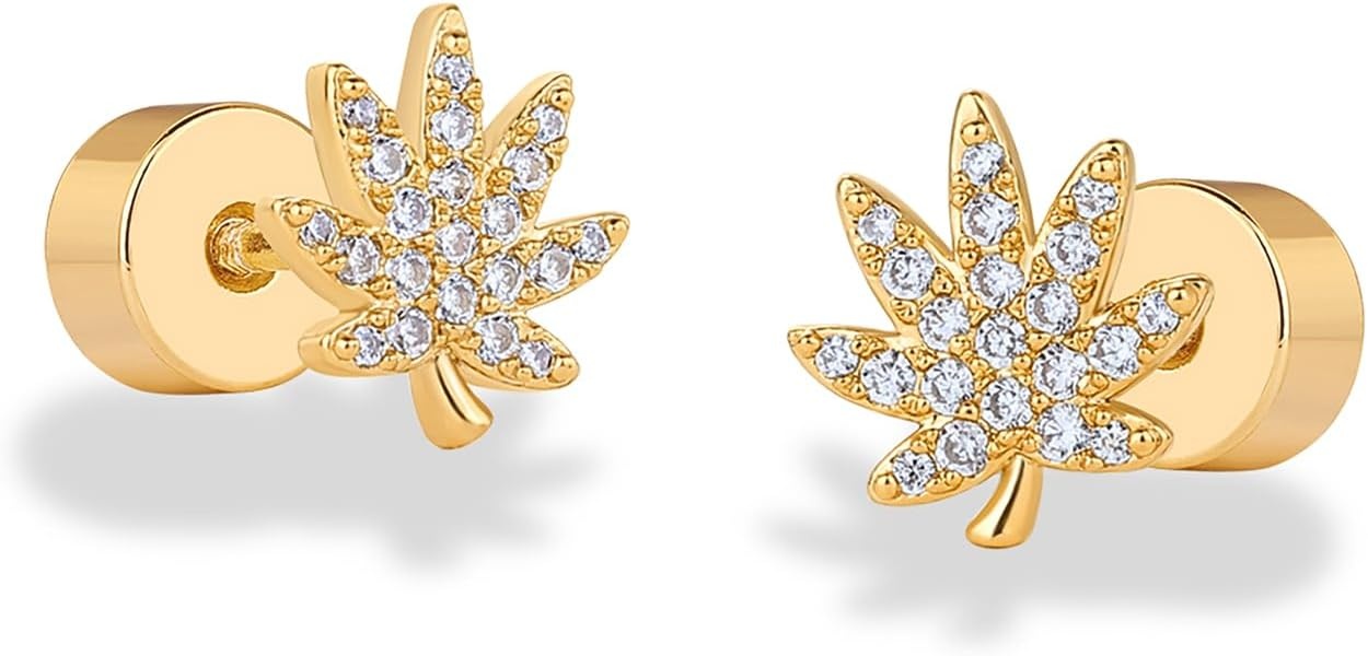 image:imagePAVOI 14K Gold Plated Dainty Flat Back Earrings for Women Hypoallergenic Sterling Silver Posts Helix Cartilage Piercing Jewelry Emoji Motif Bow Celestial Flatback Gold Stud Earrings Screw BackLeaf
