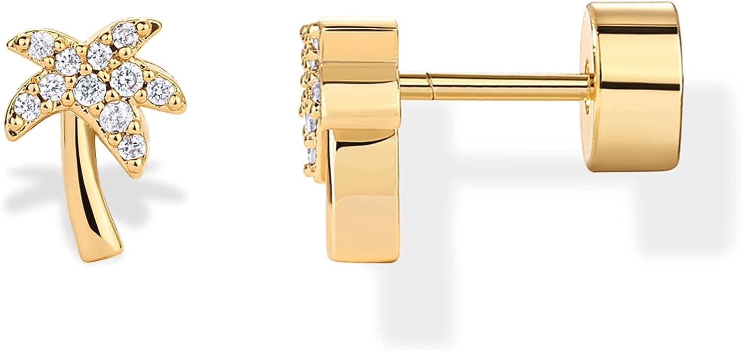image:imagePAVOI 14K Gold Plated Dainty Flat Back Earrings for Women Hypoallergenic Sterling Silver Posts Helix Cartilage Piercing Jewelry Emoji Motif Bow Celestial Flatback Gold Stud Earrings Screw BackPalm Tree