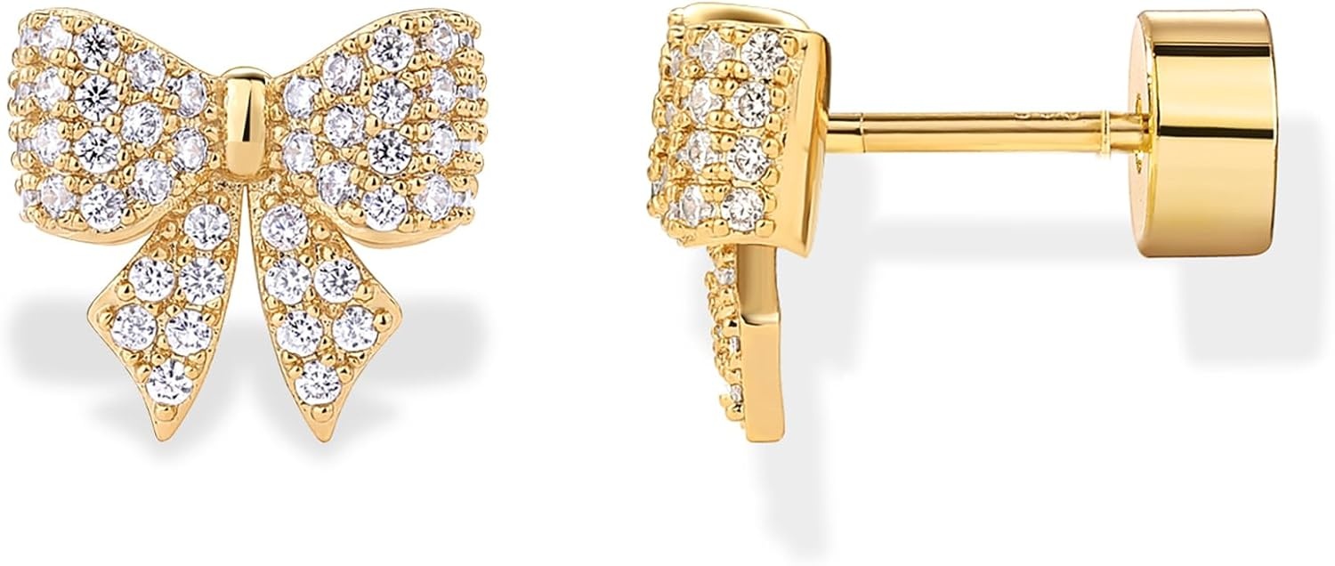 image:imagePAVOI 14K Gold Plated Dainty Flat Back Earrings for Women Hypoallergenic Sterling Silver Posts Helix Cartilage Piercing Jewelry Emoji Motif Bow Celestial Flatback Gold Stud Earrings Screw BackBow
