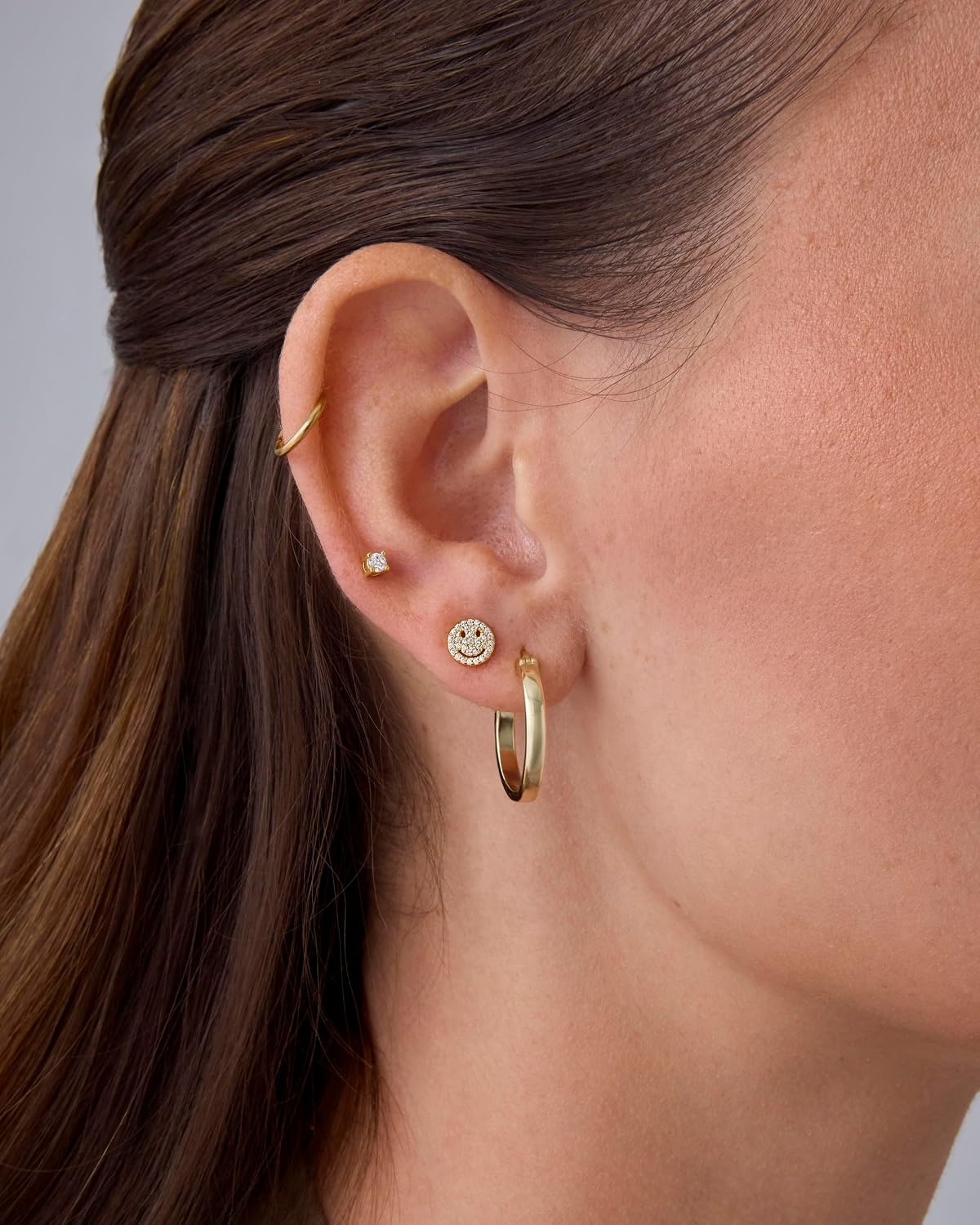 image:imagePAVOI 14K Gold Plated Dainty Flat Back Earrings for Women Hypoallergenic Sterling Silver Posts Helix Cartilage Piercing Jewelry Emoji Motif Bow Celestial Flatback Gold Stud Earrings Screw BackSmiley