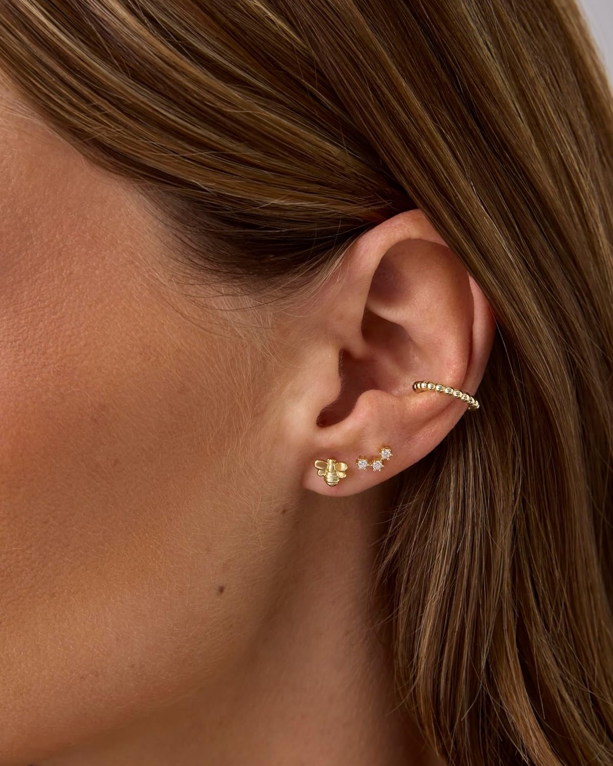 image:imagePAVOI 14K Gold Plated Dainty Flat Back Earrings for Women Hypoallergenic Sterling Silver Posts Helix Cartilage Piercing Jewelry Emoji Motif Bow Celestial Flatback Gold Stud Earrings Screw BackBumble Bee