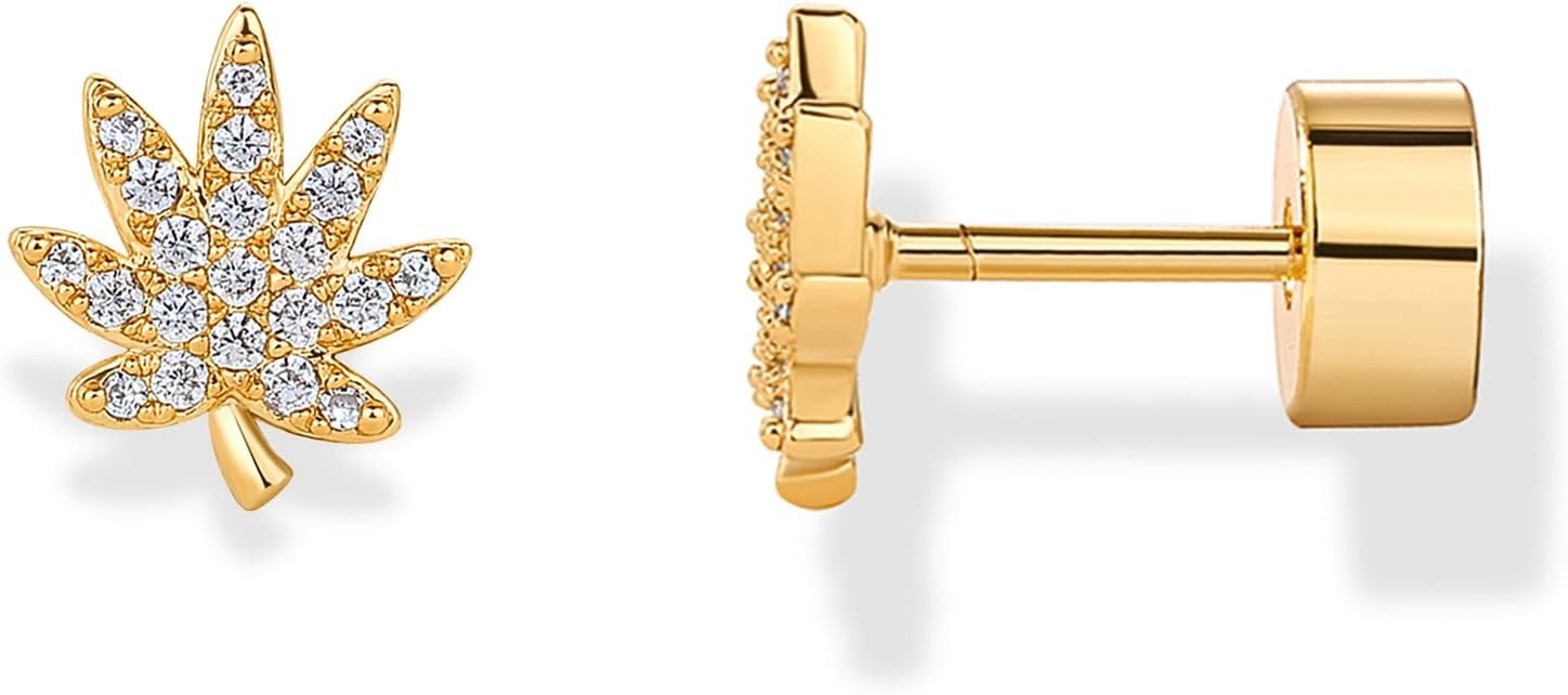 image:imagePAVOI 14K Gold Plated Dainty Flat Back Earrings for Women Hypoallergenic Sterling Silver Posts Helix Cartilage Piercing Jewelry Emoji Motif Bow Celestial Flatback Gold Stud Earrings Screw BackLeaf