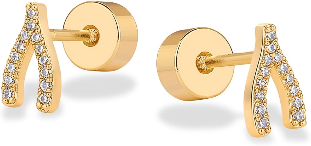 image:imagePAVOI 14K Gold Plated Dainty Flat Back Earrings for Women Hypoallergenic Sterling Silver Posts Helix Cartilage Piercing Jewelry Emoji Motif Bow Celestial Flatback Gold Stud Earrings Screw BackWishbone