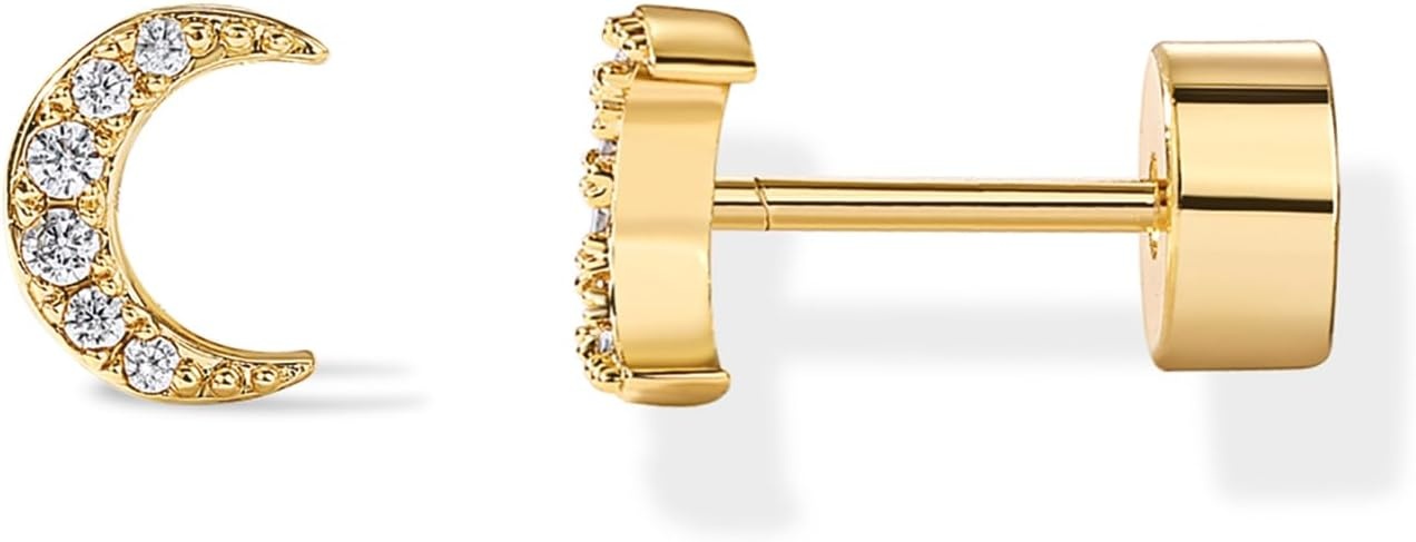 image:imagePAVOI 14K Gold Plated Dainty Flat Back Earrings for Women Hypoallergenic Sterling Silver Posts Helix Cartilage Piercing Jewelry Emoji Motif Bow Celestial Flatback Gold Stud Earrings Screw BackMoon