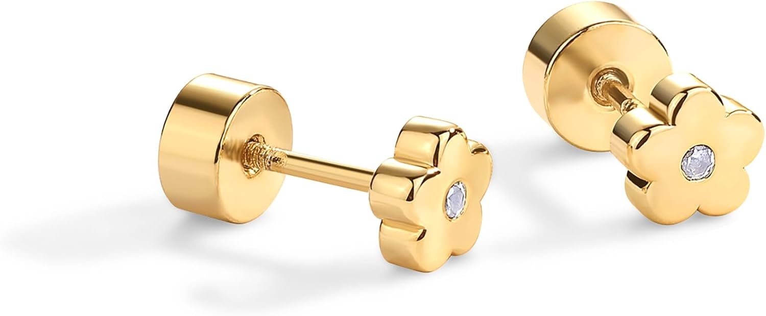 image:imagePAVOI 14K Gold Plated Dainty Flat Back Earrings for Women Hypoallergenic Sterling Silver Posts Helix Cartilage Piercing Jewelry Emoji Motif Bow Celestial Flatback Gold Stud Earrings Screw BackFlower