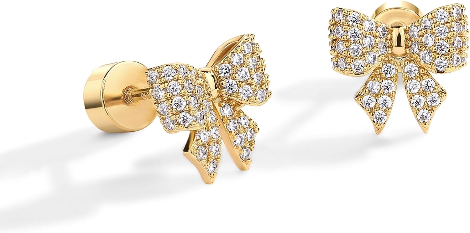 image:imagePAVOI 14K Gold Plated Dainty Flat Back Earrings for Women Hypoallergenic Sterling Silver Posts Helix Cartilage Piercing Jewelry Emoji Motif Bow Celestial Flatback Gold Stud Earrings Screw BackBow